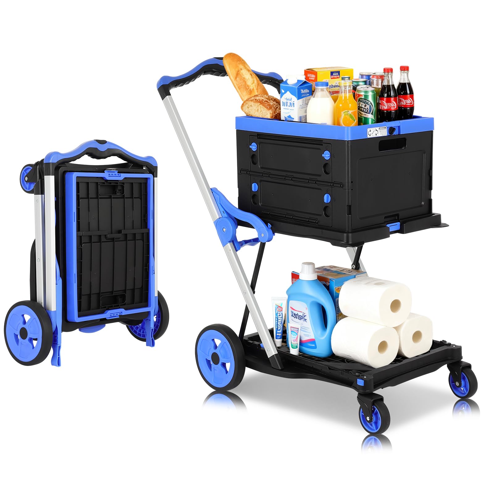 Carrito de compras plegable de 2 niveles con ruedas, capacidad de 200 libras con ruedas con caja de almacenamiento, carretilla de mano de plataforma con freno de pie