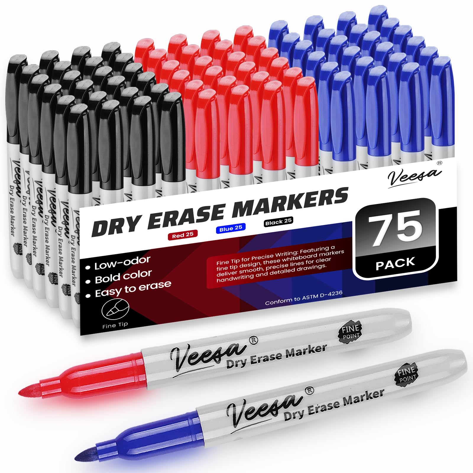 VEESA Whiteboard Marker – 75 Stück (Schwarz, Rot, Blau), Feine Spitze, Geruchsarme Tinte, Für Büro & Schule