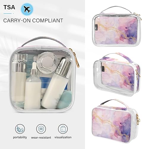 Miniatura 5 de Bolsa de aseo transparente de mármol rosa morado acuarela para viajar, paquete de 2 bolsas de cosméticos de maquillaje con cremallera, bolsa de