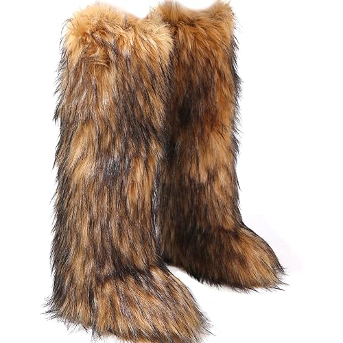 Valpeak Womens Faux Fur Boot Winter Fluffy Long Furry Boots for Girls Outdoor Fuzzy Knee-High Boots
