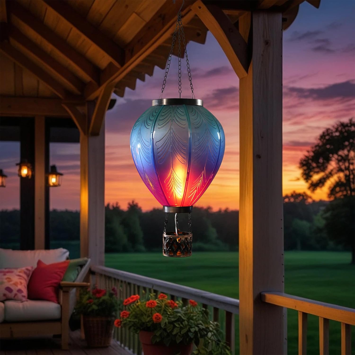 Hot Air Balloon Solar Lantern for Garden Decor, Flickering Flame Hanging Solar Lights Outdoor with Waterproof, Hanging Lights for Garden Tree Front Patio Yard Porch, Unique Gifts for Women Mom Grandma