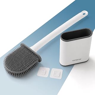PORTENTUM Klobürste Silikon mit tropffreiem Halter und schneller Trocknung – WC Bürste mit breitem Kopf und schmaler Seite – Toilettenbürste Silikon für Boden oder Wand ohne Bohren