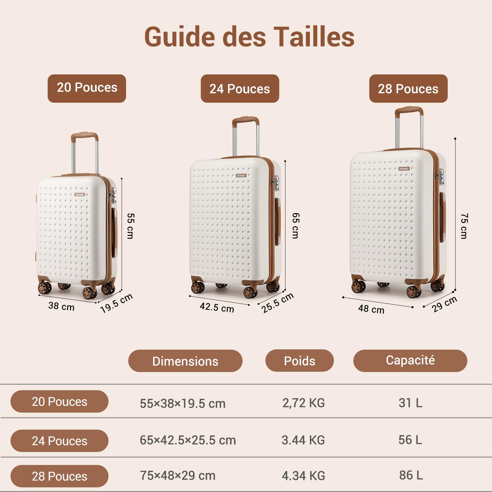 Kono Valise Soute 65cm ABS+PC Rigide,Valise Moyenne Légere avec 4 roulettes 360° Serrure TSA,Dimensions Standard Compagnies Aériennes,Idéal Voyage d'affaires Vacances（Crème）