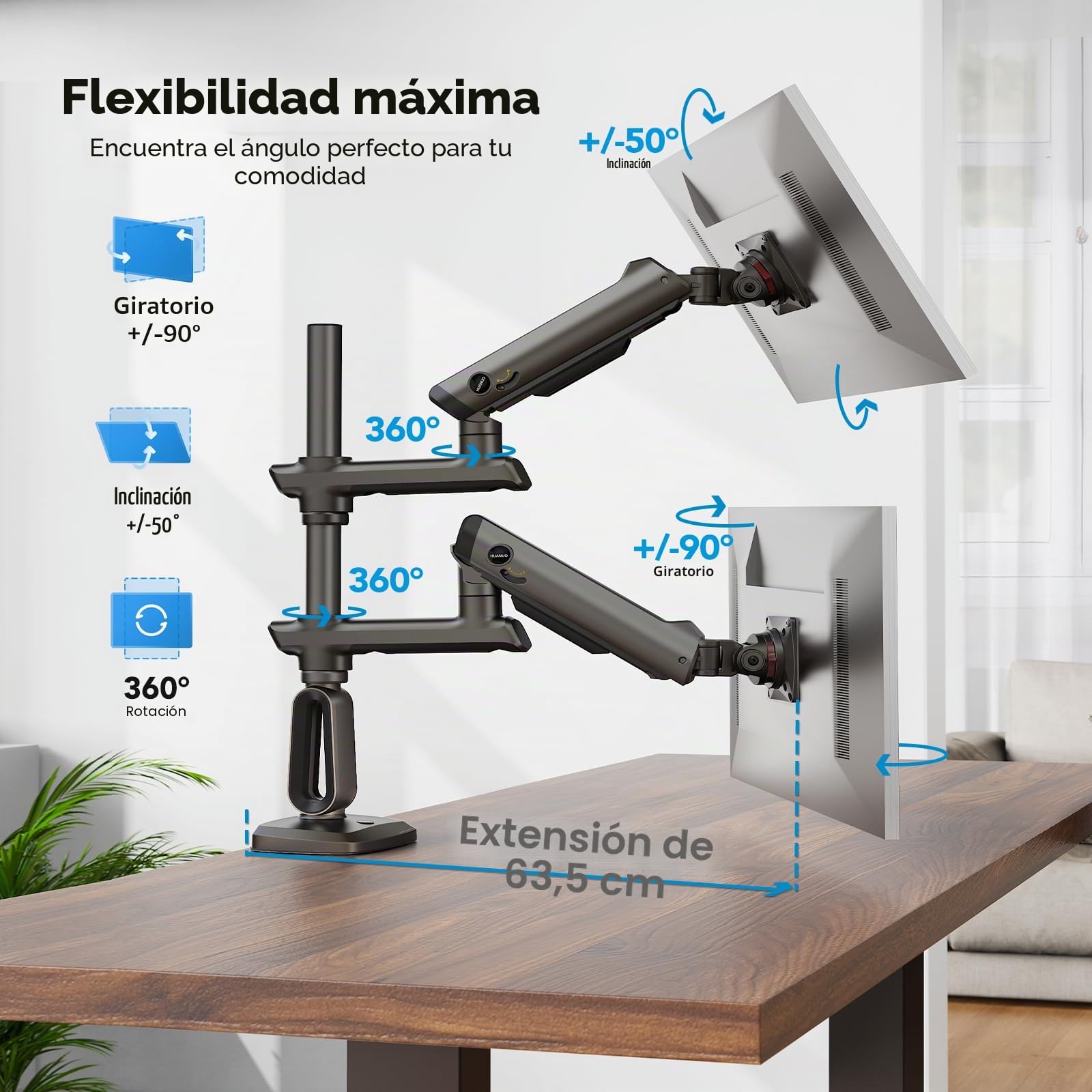 HUANUO Soporte para Dos Monitores para Pantal Ultraanch 13-49”, hasta 18kg, Brazo Monitor Doble Aluminio Resist y Extra Alto, Soporte Monitor Doble Apilado Vert y Total Ajustable, VESA Máx 100x100mm