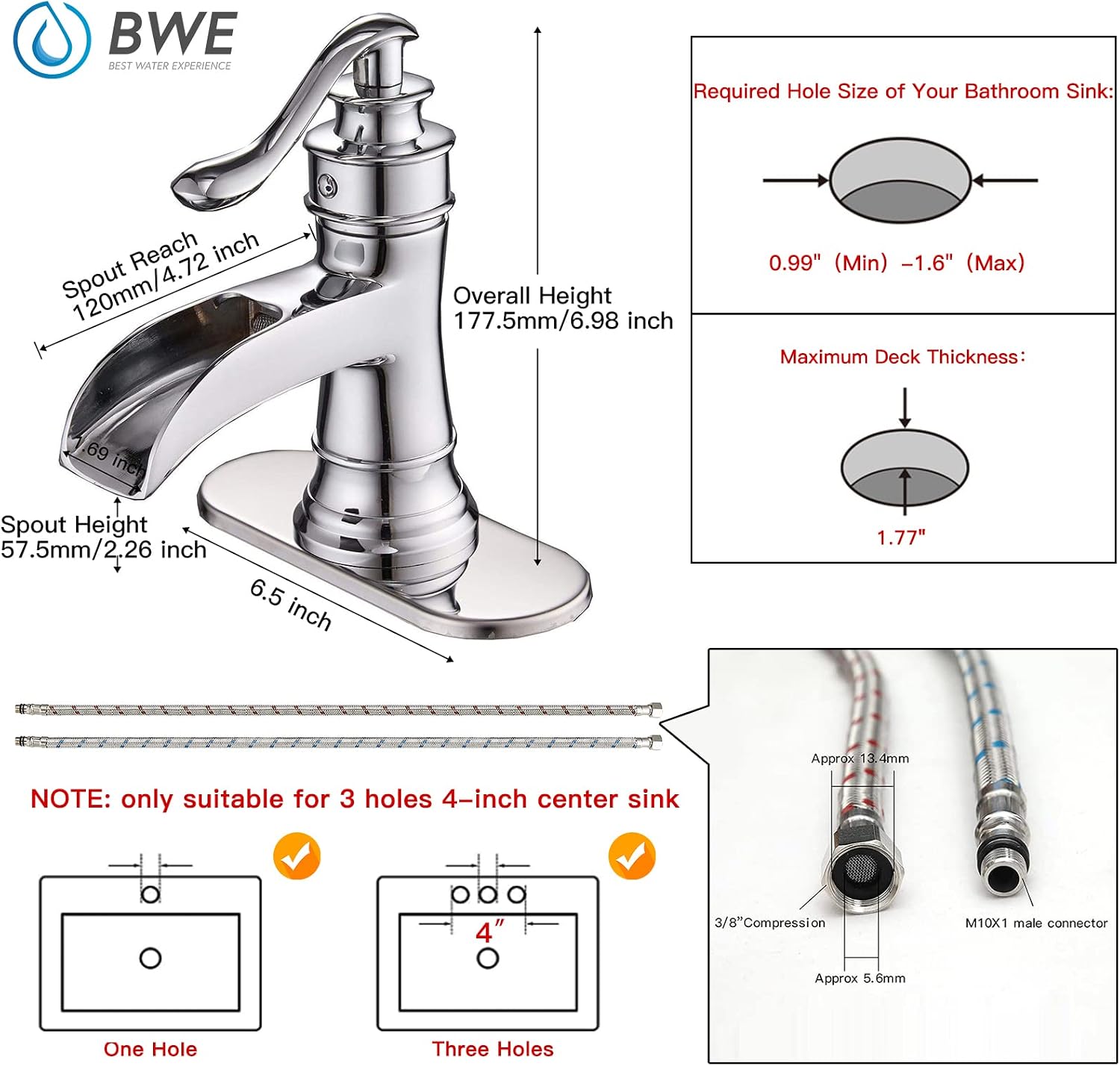 BWE Bathroom Faucet Chrome Waterfall Sink Bath Faucets Single Handle Hole Lavatory Vanity Restroom Commercial Water Supply Lines Hose Polished Lead-Free
