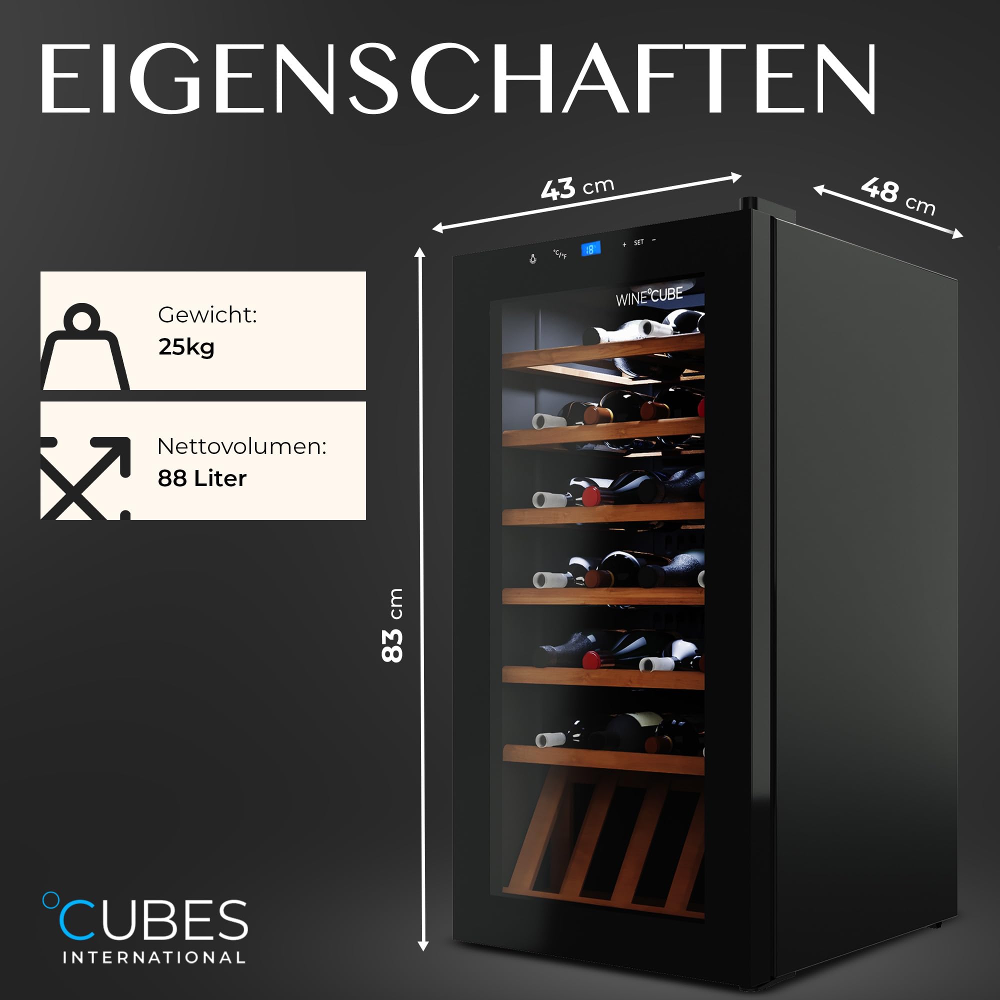 °CUBES Weinkühlschrank 28 Flaschen 90L Glastür Buchenholz 5-18°C vibrationsarm leise 40dB LED Display