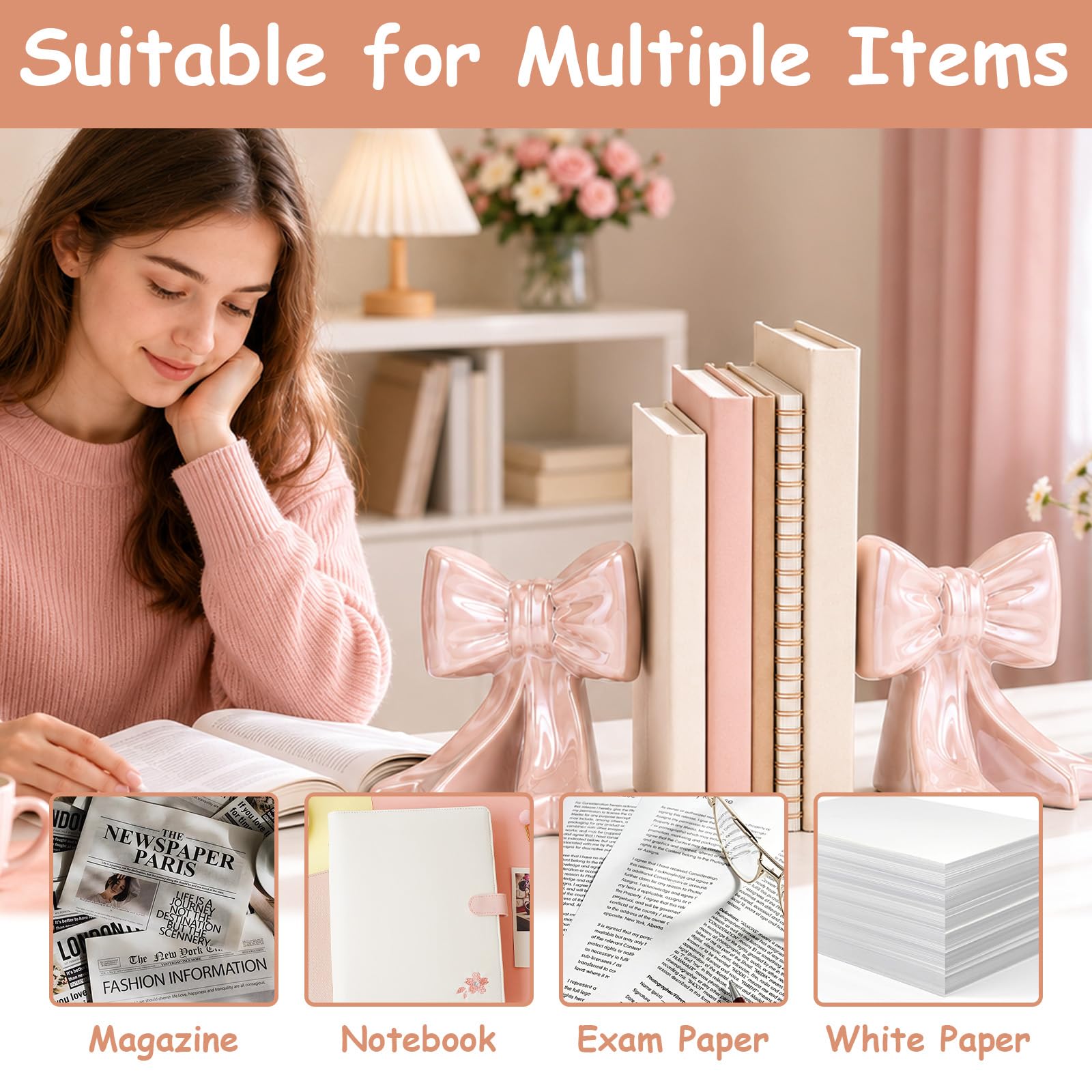 Fermalibri con fiocco rosa, fermalibri da ragazza per scaffali con base antiscivolo stabile, fermalibri rosa per mensole casa, ufficio e studio, fermalibri in ceramica per libri pesanti, regalo per