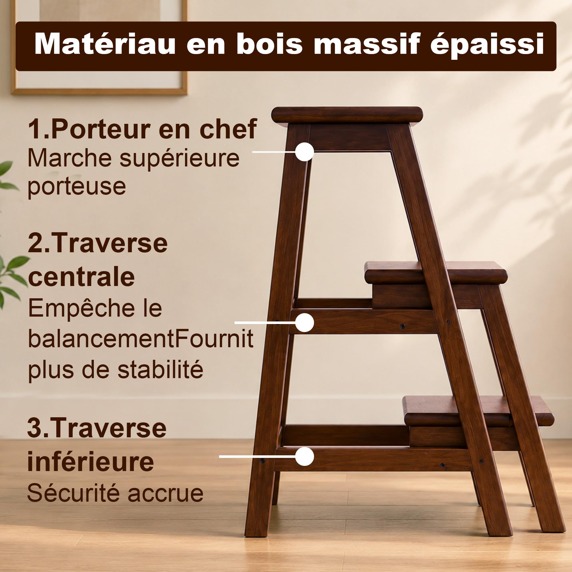 Escabeau Pliable À 3 Marches en Bois Tabouret Échelle 3 en 1, Pédales Antidérapantes Agrandies Compartiment De Rangement Multifonctionnel Support À Fleurs pour Cuisine Bibliothèque Garage Escabeau