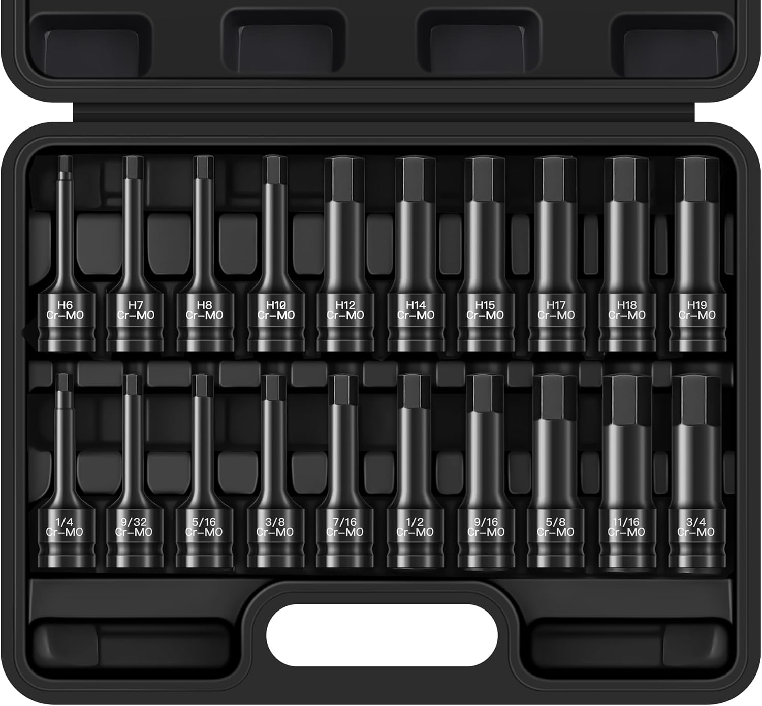 20-Piece 1/2" Drive Master Impact Hex Bit Set, One-Piece Construction Hex Driver, Cr-Mo Steel, Drive Allen Bit Socket Set, SAE(1/4" - 3/4") & Metric(6mm - 19mm)