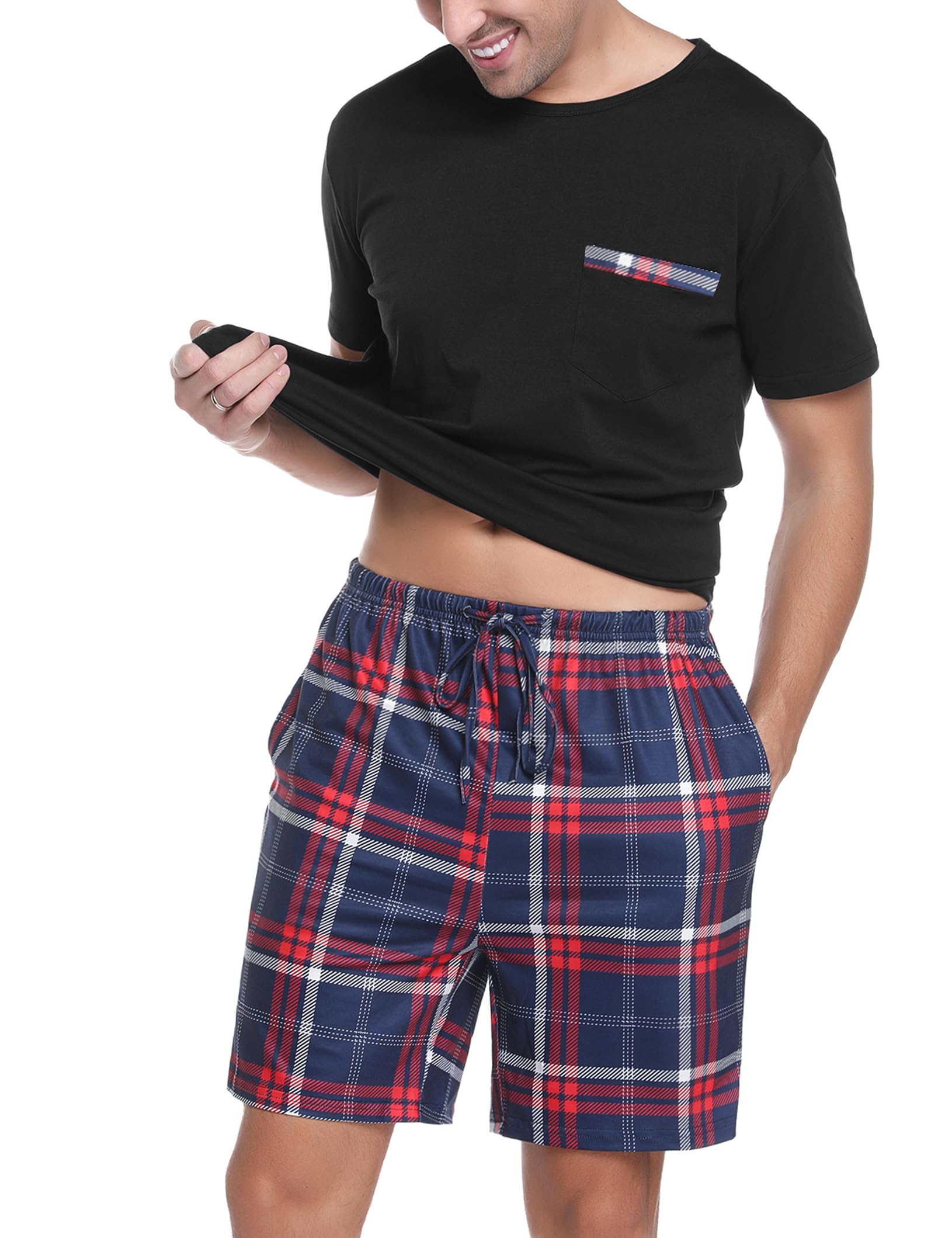 Sykooria Mens Pajamas Set Cotton Pajamas Shorts Set Short Sleeve Pjs Sets Soft Sleepwear S-XXL