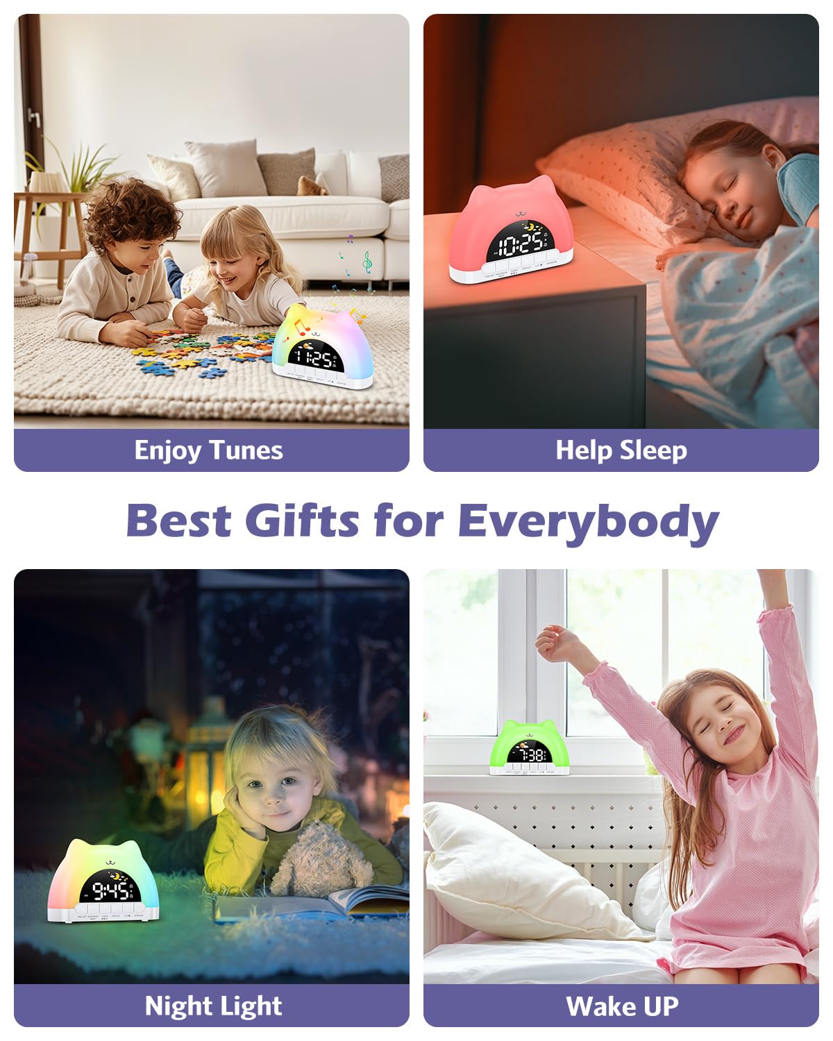 Reveil Enfant Educatif Jour Nuit, Reveil Lumineux avec Veilleuse 11 Couleurs RGB, Snooze, 2 Alarme, Réveil Numérique pour Enfants avec Lune et Soleil, Entraîneur de Sommeil Fille Garçon