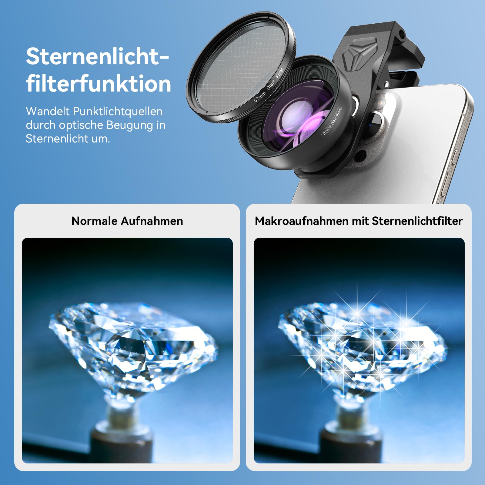 APEXEL HB100 Ultra HD Handy Makroobjektiv mit 52 mm CPL & Sternfilter, F1.05-Blende & AF-Beschichtung, Handy Kamera Objektiv Passend für iPhone, Samsung, Pixel und andere Smartphones