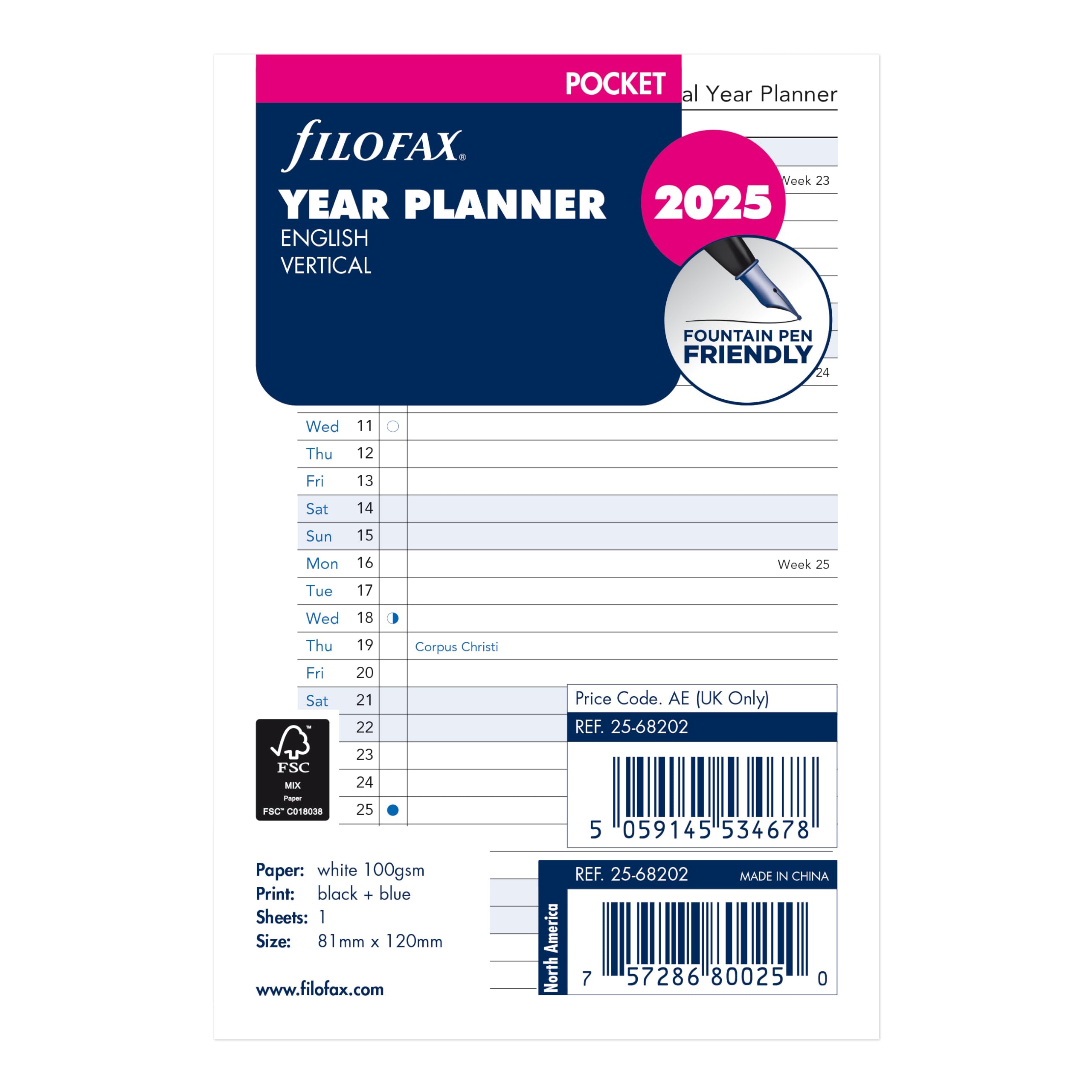 Filofax Ricarica agenda calendario, formato tascabile, agenda verticale annuale, carta bianca, inglese, 2025 (C68202-25)