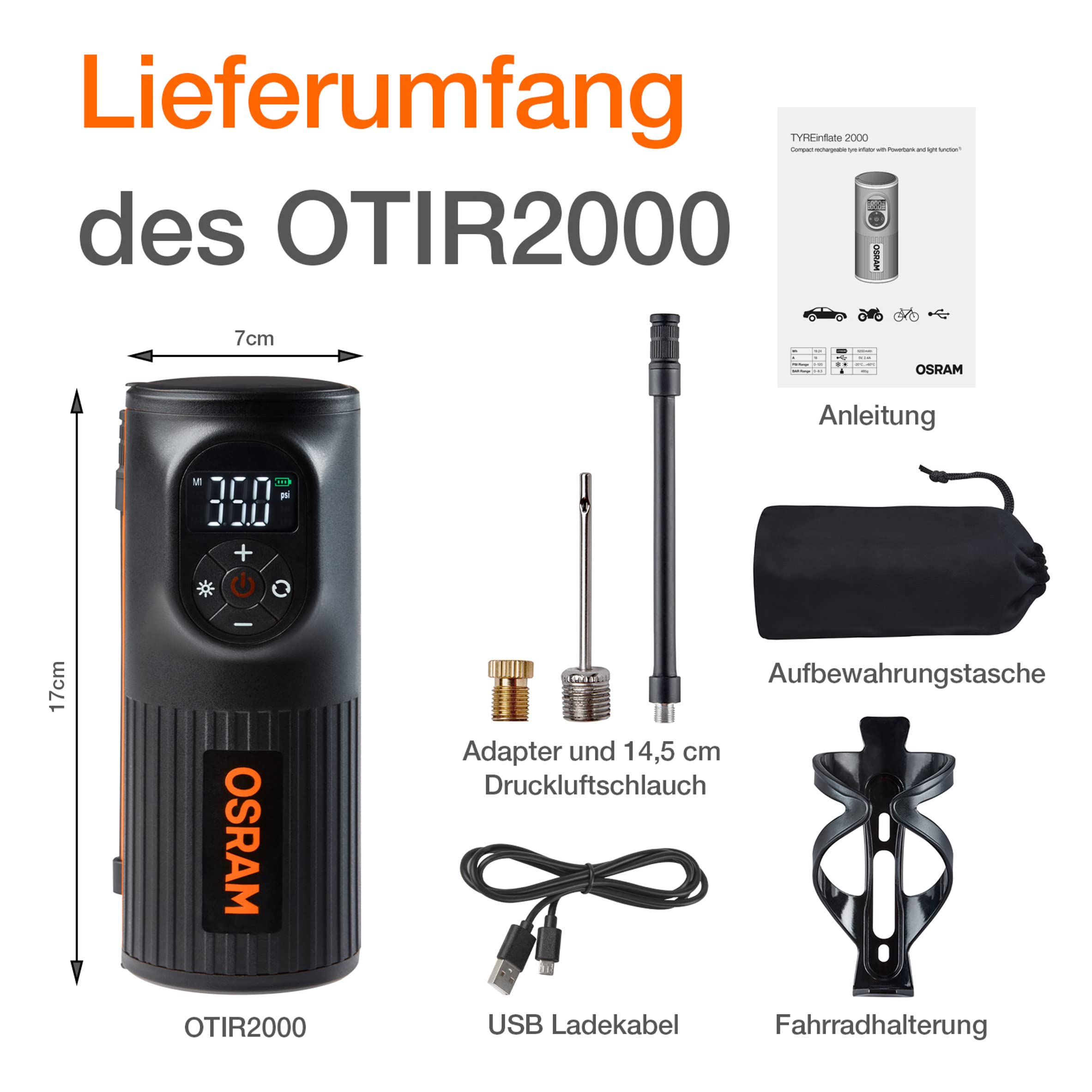 OSRAM TYREinflate 2000, kompakte wiederaufladbare Reifenpumpe mit LED Licht, tragbarer Kompressor für Reifen, Stromanschluss via USB, Reifenbefüllung in 2 Minuten