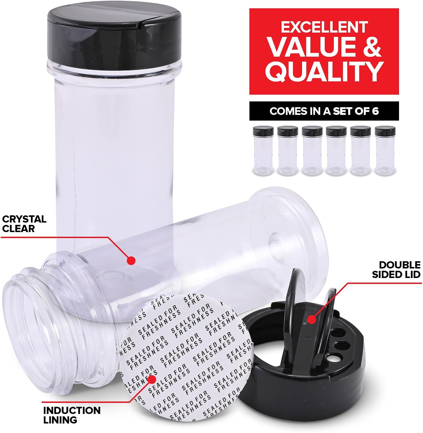 6 Pack 5.5 oz Round Plastic Spice Jars, Empty Seasoning Containers for Homemade Rub, Spices, Glitter, and More, Small Spice Containers with Black Shaker Lids and Heat-Induction Liner, Clear Spice Jars image 2