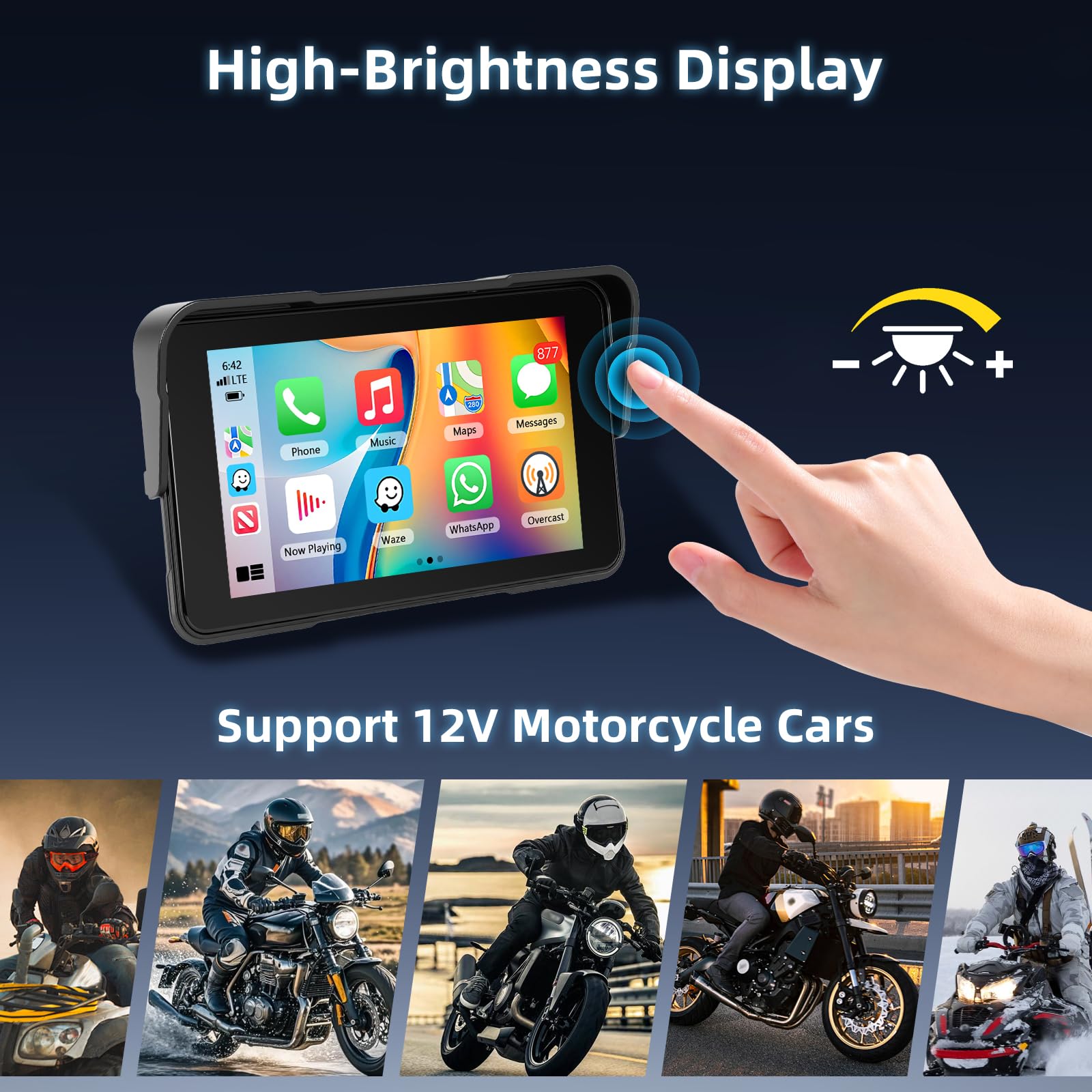 CarPlay Schermo Carplay per Moto con Wireless Android Auto, 5 Pollici Impermeabile Touchscreen, Doppio Bluetooth, Navigazione GPS, Siri/G00gle Assistente, Plug-and-Play