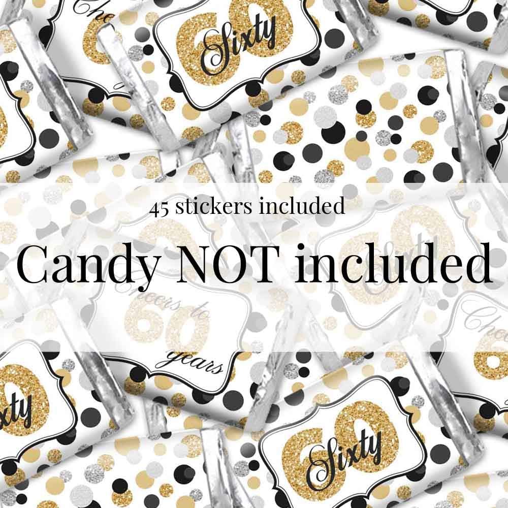 Amanda Creation 60th Anniversary Candy Wrappers, 60th Birthday Candy Wrappers, 45 Full-Cover 1.4 x 2.6 Inch Labels for Mini Bars, Hides Original Wrapper Edges, Party Favors & Goodie Bags image 3