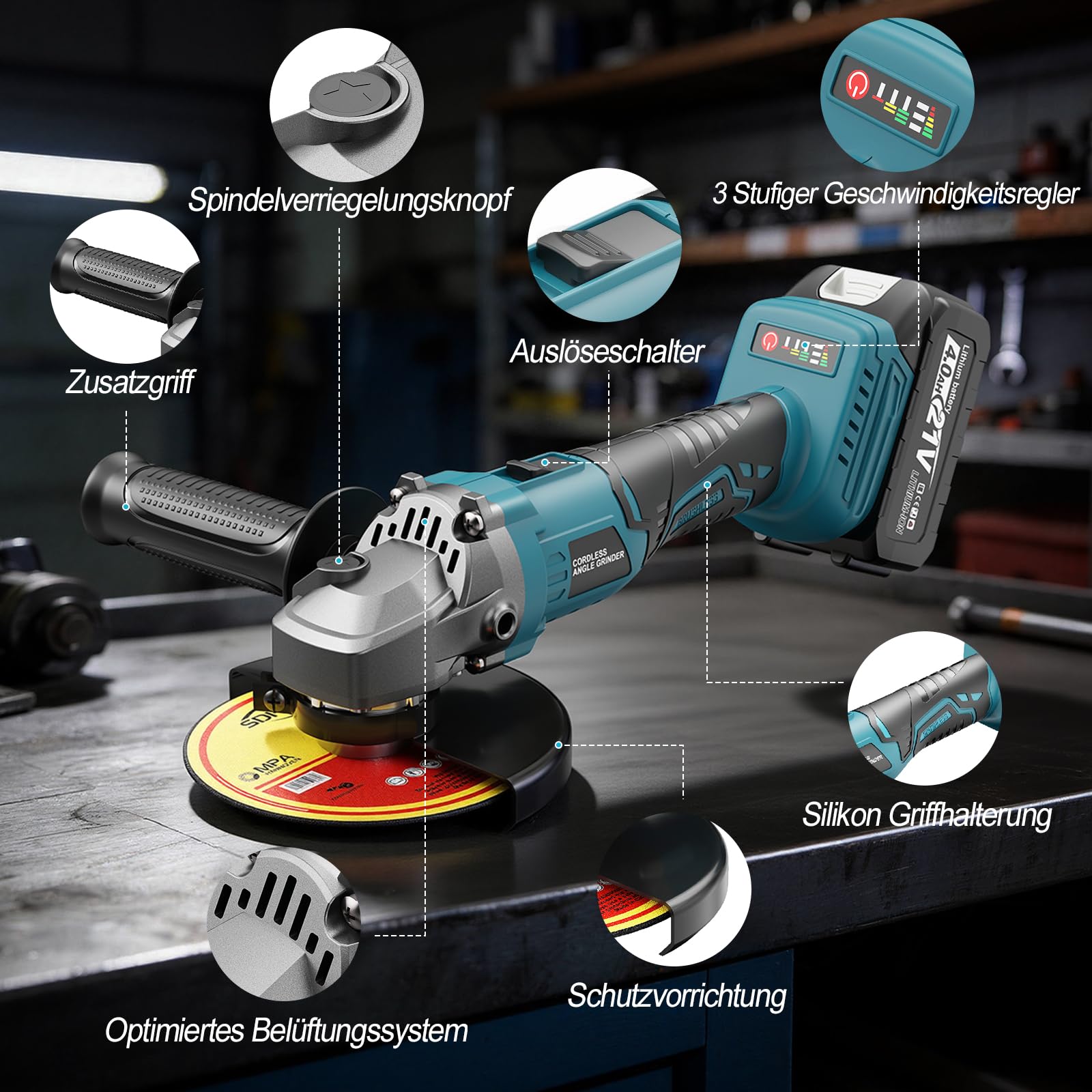 Yofuly Akku Winkelschleifer 125mm Kompatibel mit Makita 18V Akku, 3 Gang Drehzahlregelung 9000RPM, Akku Flex mit 2 * 4.0Ah Batterie, 2 Trennscheiben, 2 Fächerscheiben, 2 Schleifscheiben