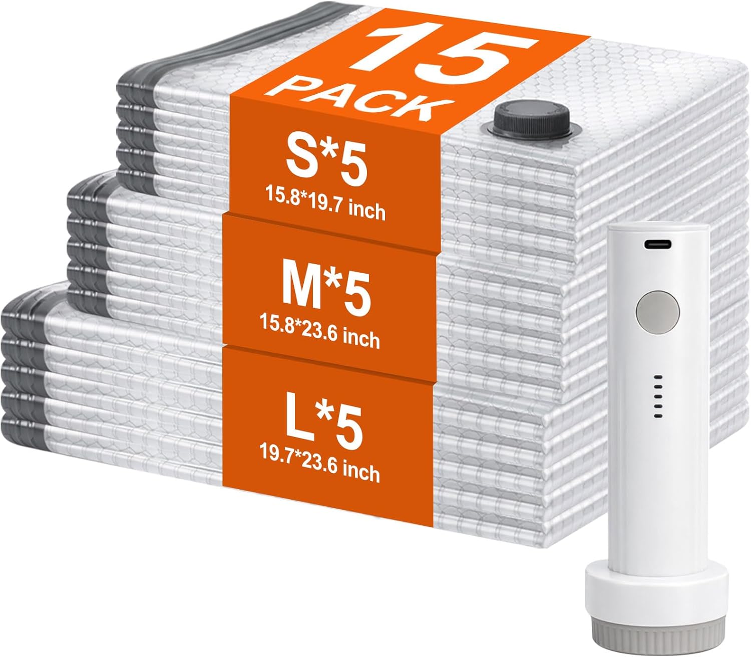 Vacuum Storage Bags for Travel, 15 Pack Vacuum Seal Bags for Clothing With Cordless Electric Pump, Space Saver Bags for Luggage, Clothes, Ideal for Home, Seasonal Storage, and Packing for Travel