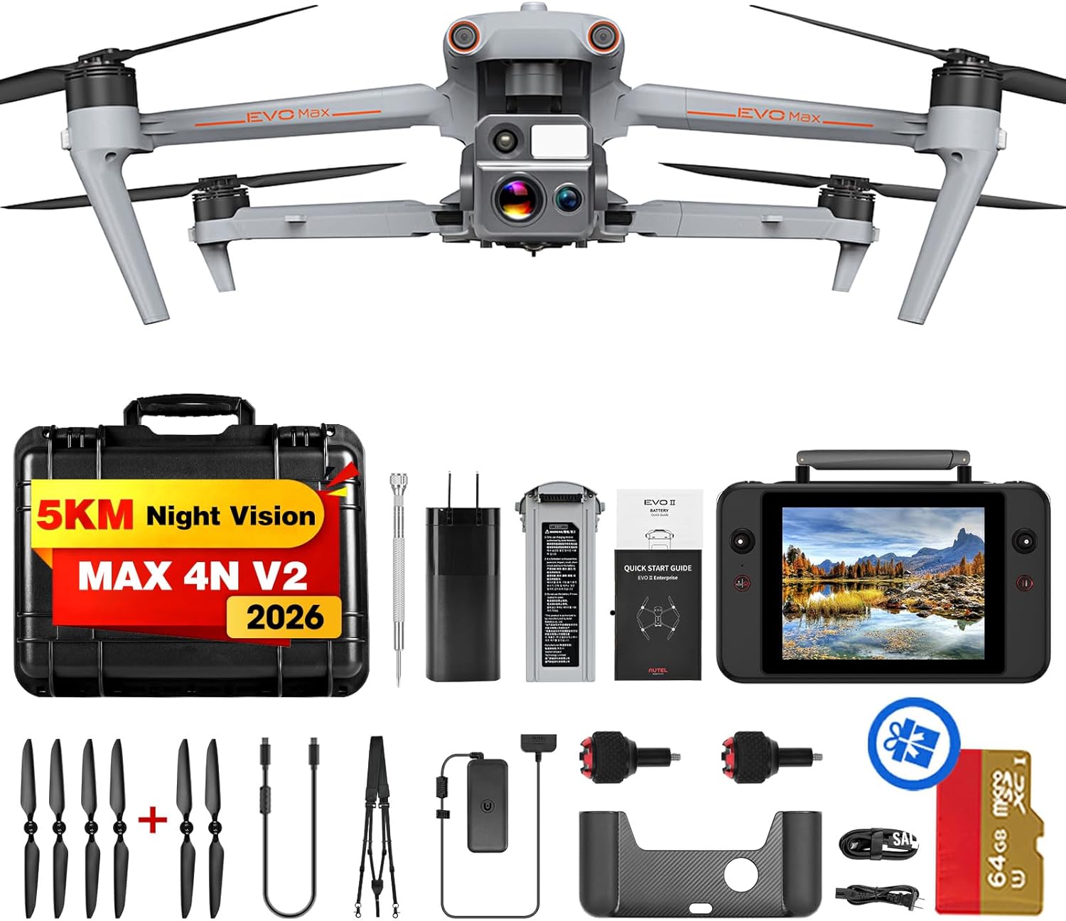 Autel Robotics EVO MAX 4N V2, Starlight Night-Vision/ Wide/ Thermal/ L~aser 4 Cameras in One UAV, Upgrade of MAX 4T V2/ 4N, 5KM Night Vision Observation, A-Mesh 1.0, 720° Obstacle Avoidance, Triple Anti-Jamming, Hot-Swappable, 42 Mins, IP43, Autel SDK