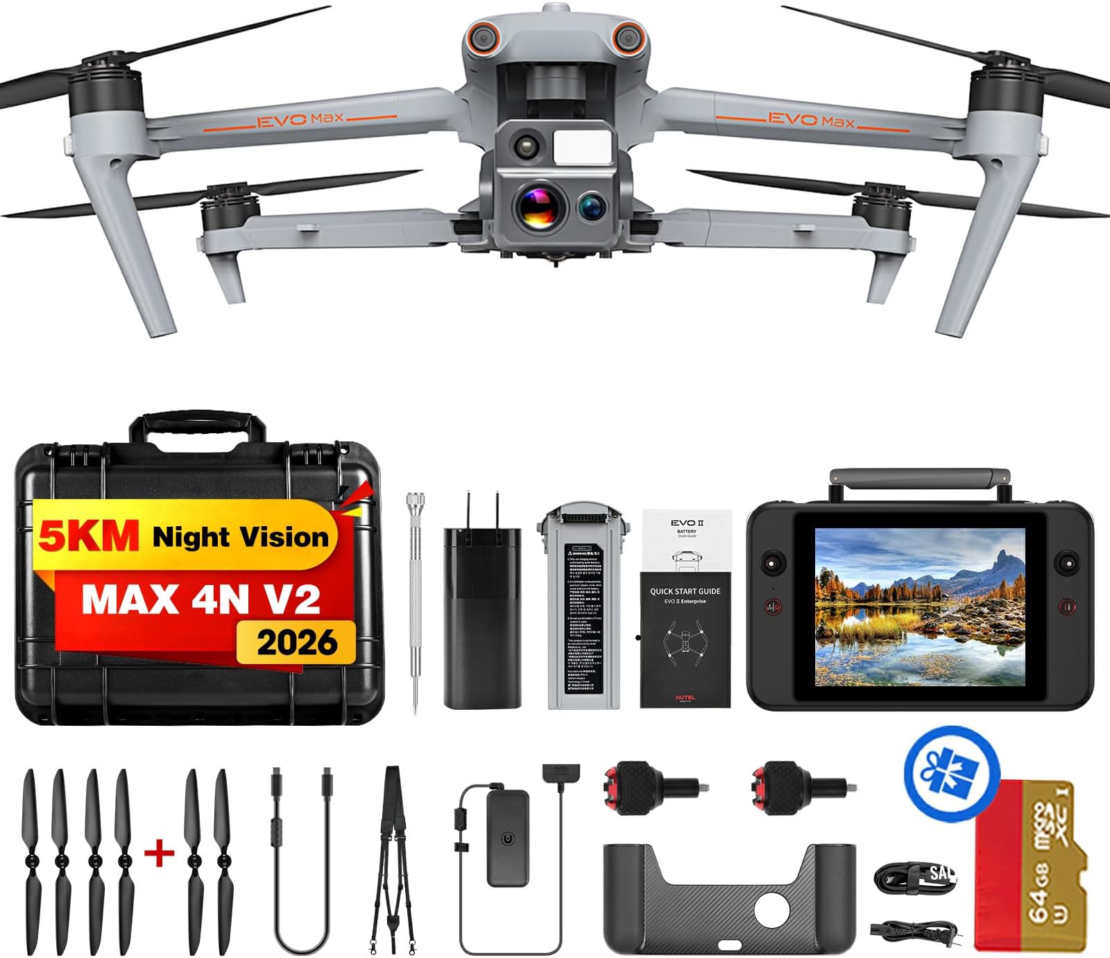 Robotics EVO MAX 4N V2, Starlight Night-Vision/ Wide/ Thermal/ L~aser 4 Cameras in One UAV, Upgrade of MAX 4T V2/ 4N, 5KM Night Vision Observation, A-Mesh 1.0, 720° Obstacle Avoidance, Triple Anti-Jamming, Hot-Swappable, 42 Mins, IP43, Autel SDK