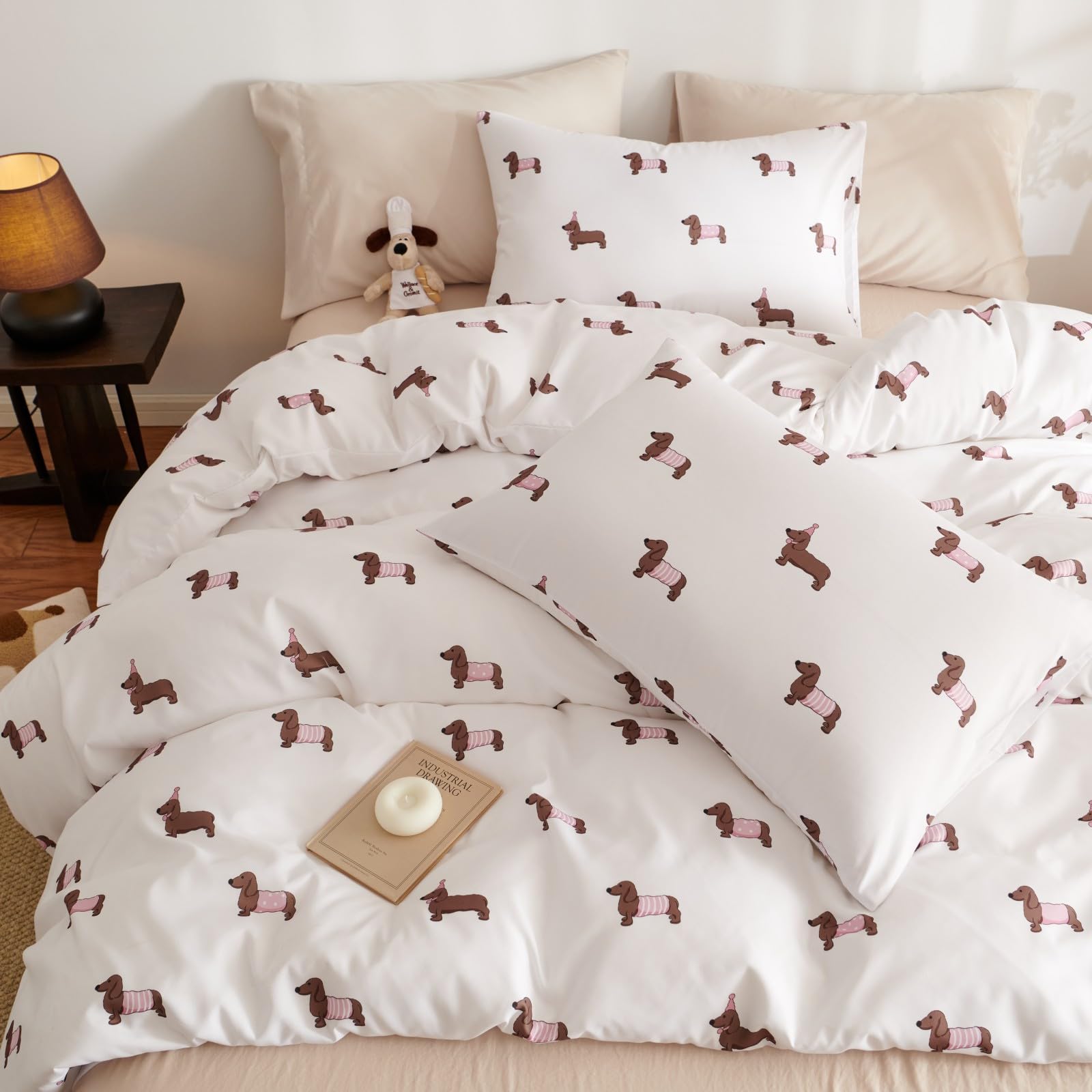 Freyamy Dackel Bettwäsche 135x200cm Mädchen Weiß Rosa Braun Dackelmuster Bettwäsche-Sets Wende Microfaser Kinderbettwäsche ÖKO-TEX Deckenbezug 1 Bettbezug mit Reißverschluss und 1 Kissenbezug 80x80cm