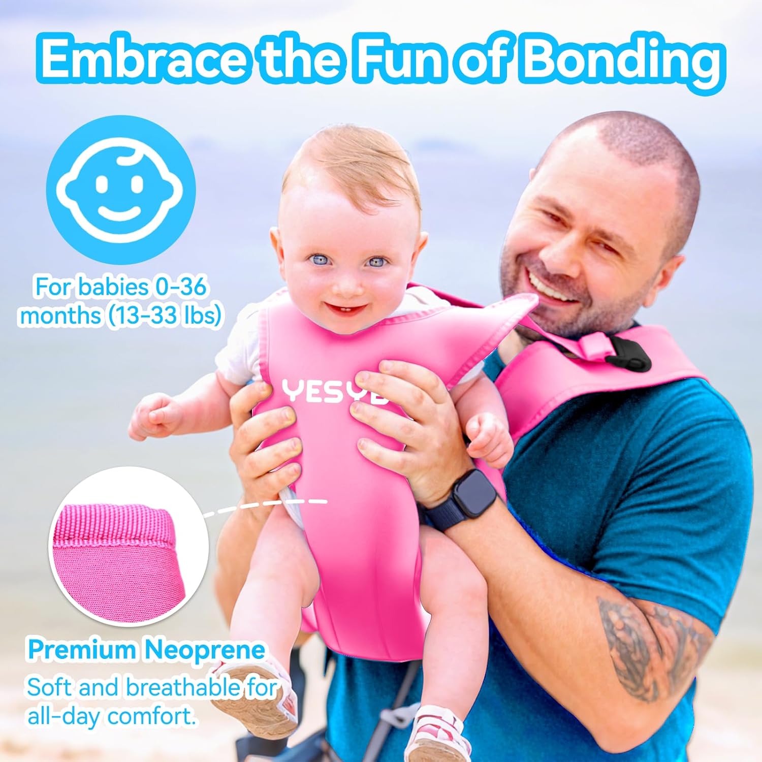 Baby Carrier, Dual-Use Adjustable Baby Sling Support Infant Chest Holder with Drawstring Backpack for Newborn to Toddler 13-33 lbs Swimming Pool Beach Land (Pink)