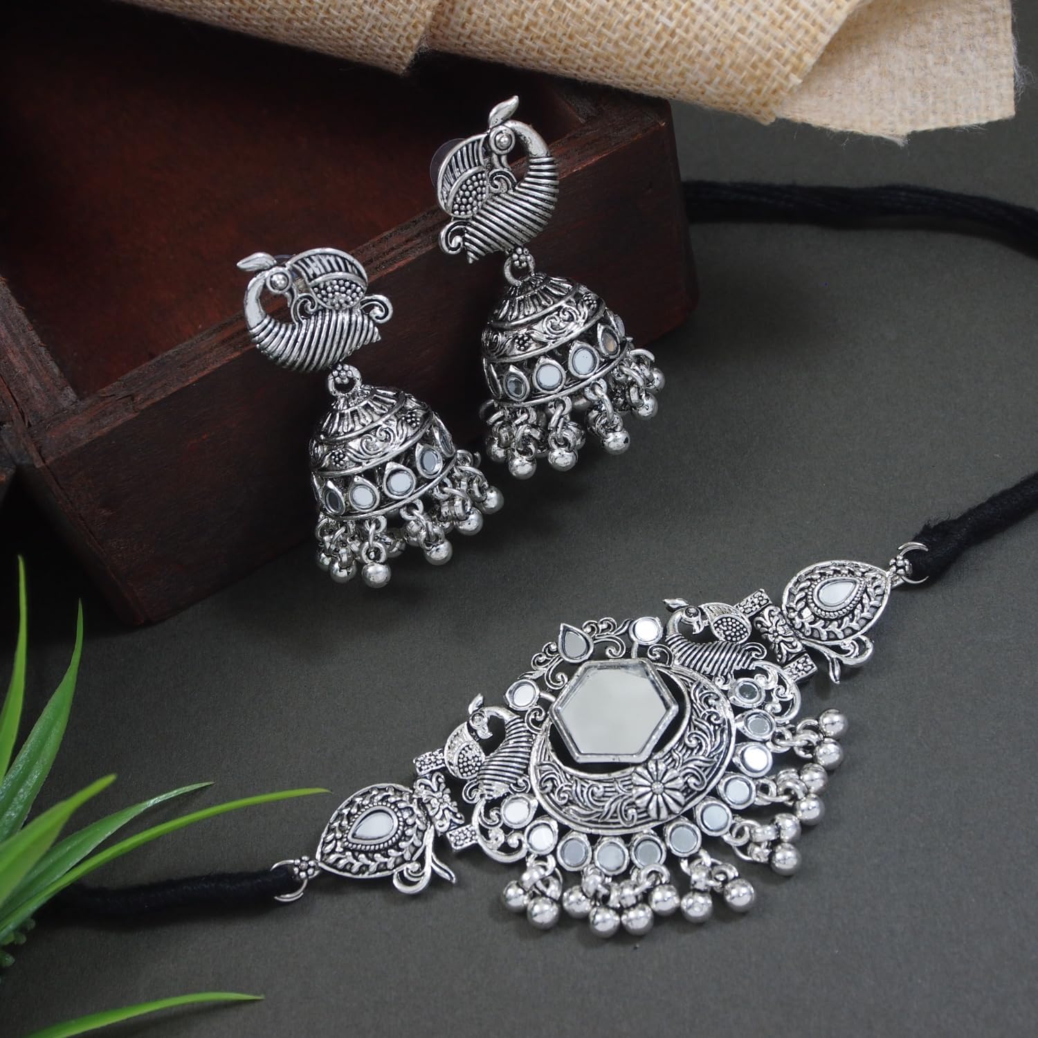 I Jewels Indian Wedding Bollywood Ethnic Silver Oxidised Design Ghungroo Necklace Jewellery Set With Earrings