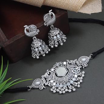 I Jewels インディアン ウェディング ボリウッド クラシック ドイツ シルバー 酸化 アフガニ ミラー ワーク チョーカー ネックレス ジュエリーセット イヤリング付き MC197OX, 宝石なし