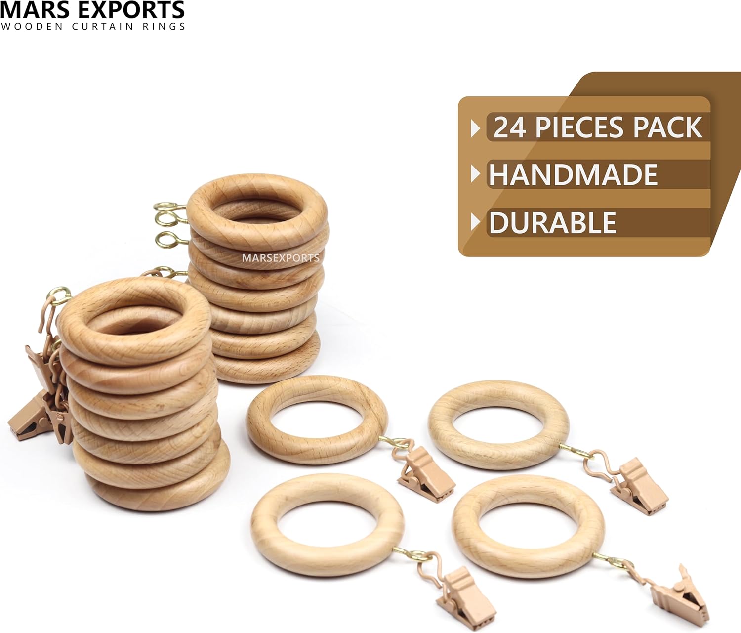 24 Pack Wooden Curtain Rings with Clips, 1.25 Inch Inner Diameter, Natural Beach Wood Drapery Rod Rings, Smooth Buffed Finish for Curtains and Drapes
