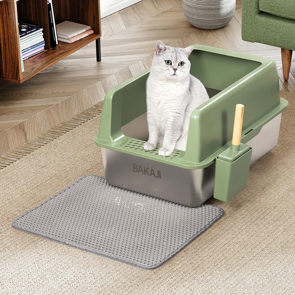 BAKAJI XXL offene Katzentoilette mit Stahlbasis mit sandabweisendem Rand, Schaufel und Behälter, schmutzabweisende Matte, rutschfeste Unterseite, Fassungsvermögen 35 l, 60 x 40 x 30 cm