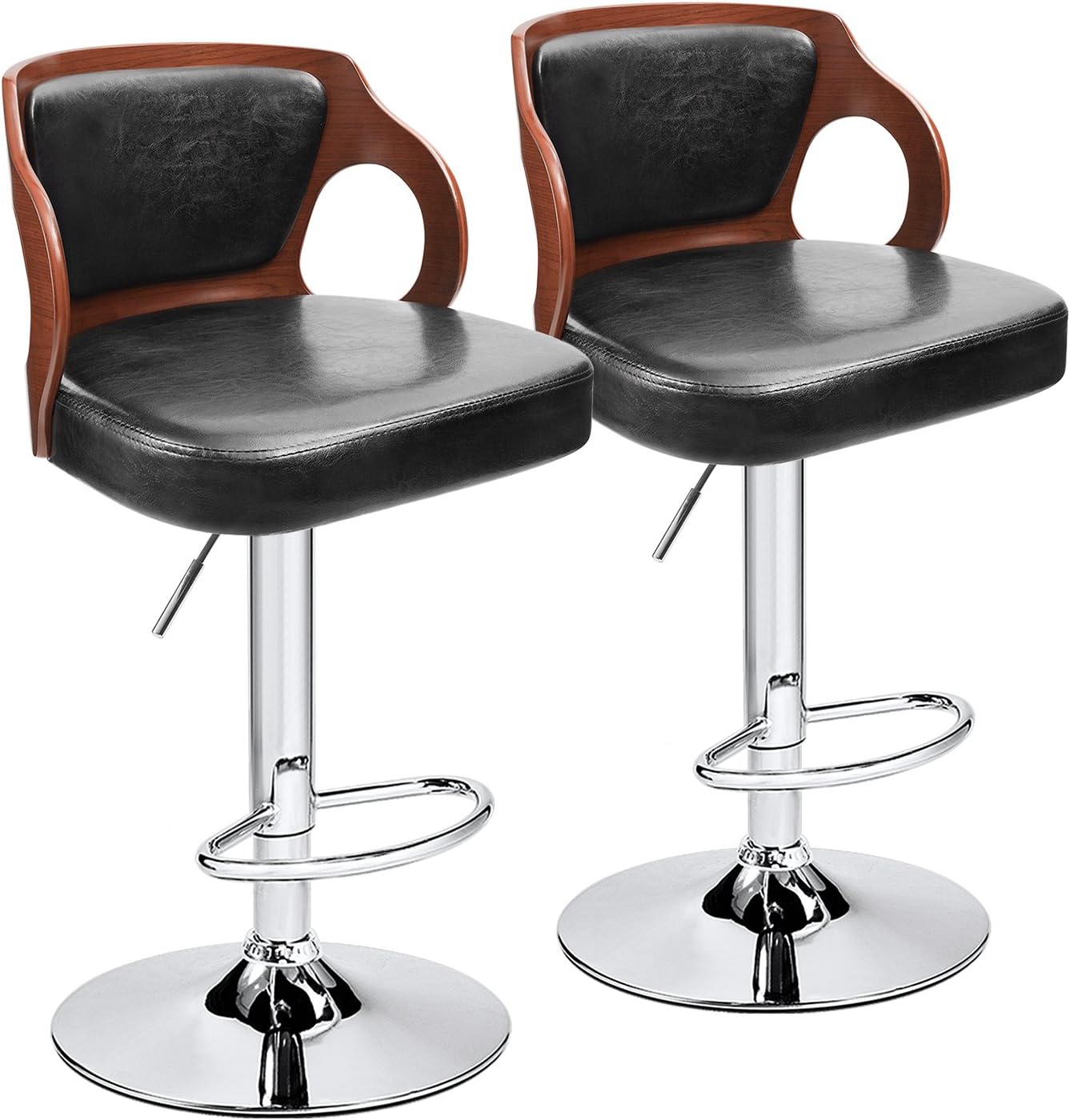 Bar Stools Walnut Bentwood Adjustable Height Leather Modern Barstools with Back Vinyl Seat Extremely Comfy Bar Stools 2 Piece (Black)