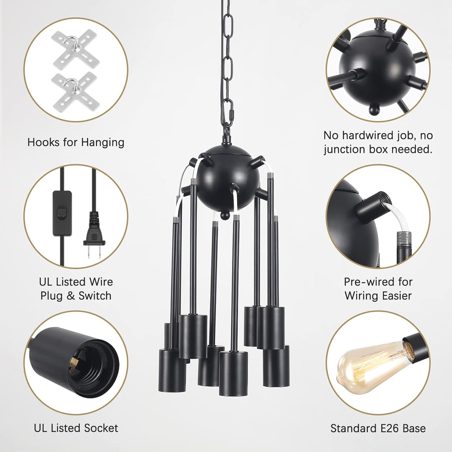 Plug in Chandelier 8-Light Black Chandeliers Light Fixture Cord On/Off Plug in Ceiling Lights 16.4ft Cord Adjustable Height for Kitchen Island Dining Room Bedroom