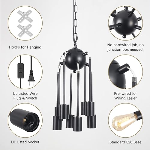 Miniatura 4 de Candelabro negro enchufable con cable de encendidoapagado, lámpara de techo Sputnik, 8 luces, lámpara colgante de isla de cocina, lámpara colgante