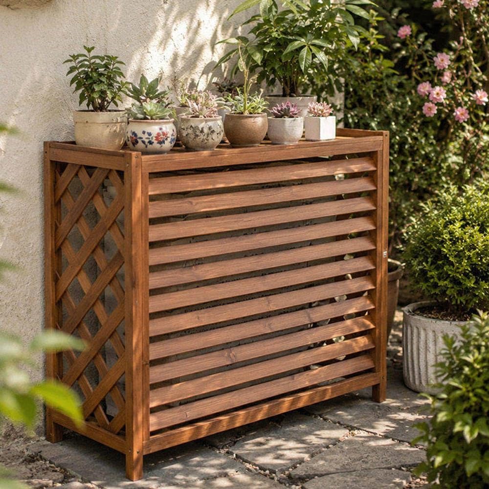 Cubre Aire Acondicionado Exterior Marrón De Madera Maciza Al Libre Rejilla Decoración Pantalla(100x43x94cm)