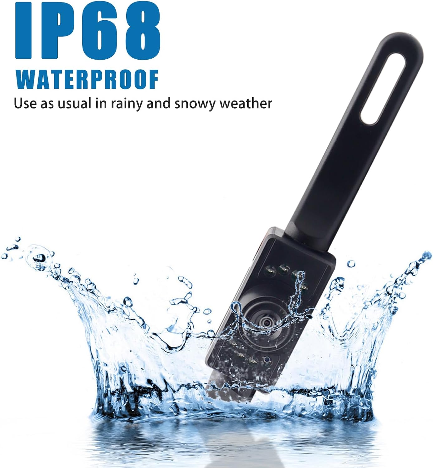 Image demonstrating the IP68 waterproof rating of the backup camera with water splashing.