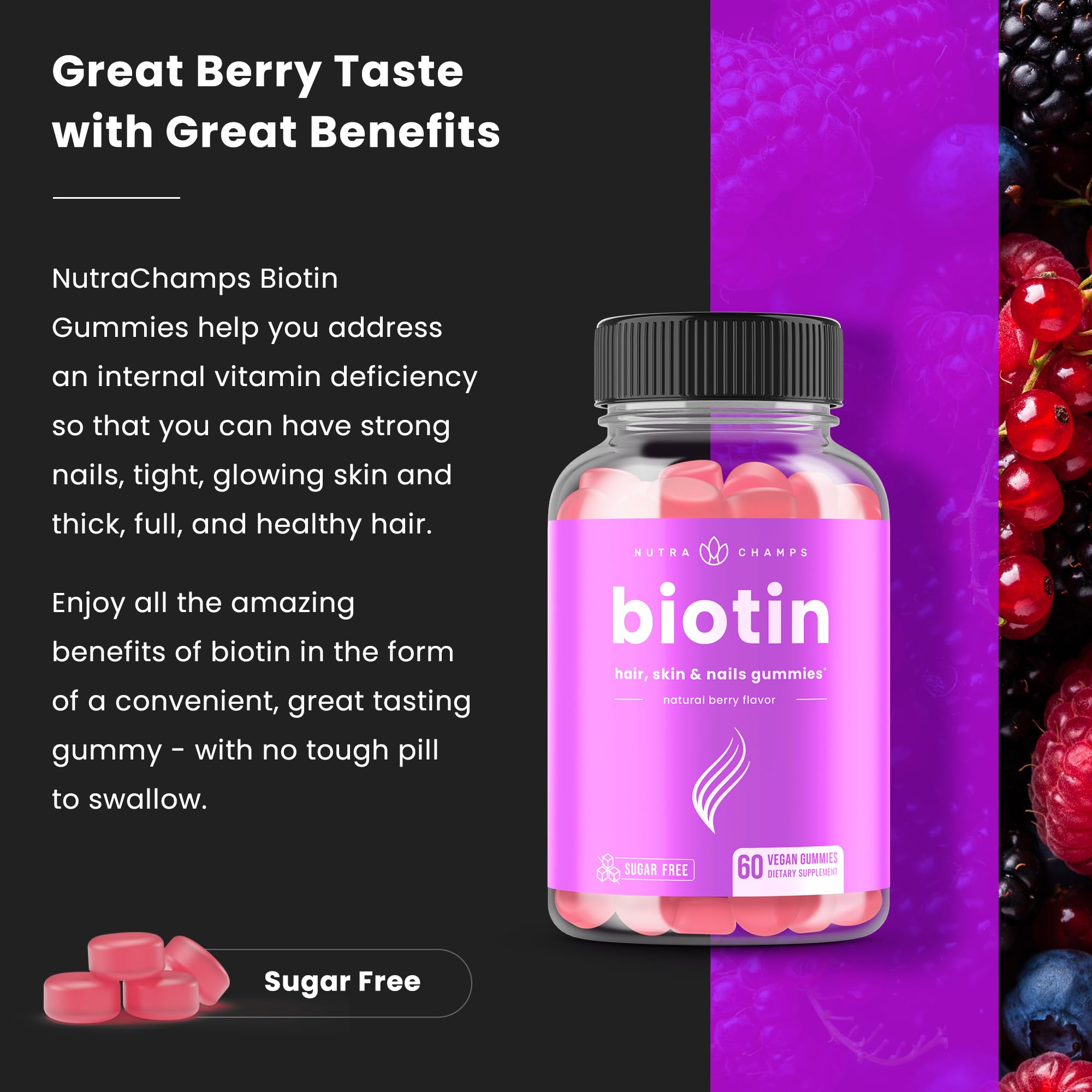 NutraChamps Sugar Free Biotin Gummies 10000mcg [High Potency] - Healthy Hair, Skin & Nails for Women, Men & Kids - 5000mcg in Each Gummy - Vegan, Non-GMO, Hair Health Vitamins Supplement - Raspberry — Amazon image 5