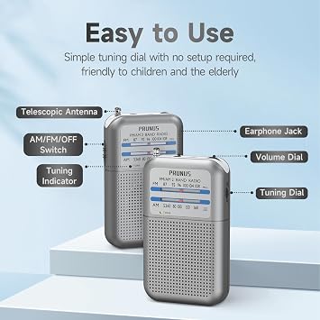 Pocket Battery AM FM Radio Portable, Mini Transistor Radio with Excellent Reception, Tuning Knob with Signal Indicator, AAA Battery Operated for ICE Storms&Walking, DE333 by PRUNUS