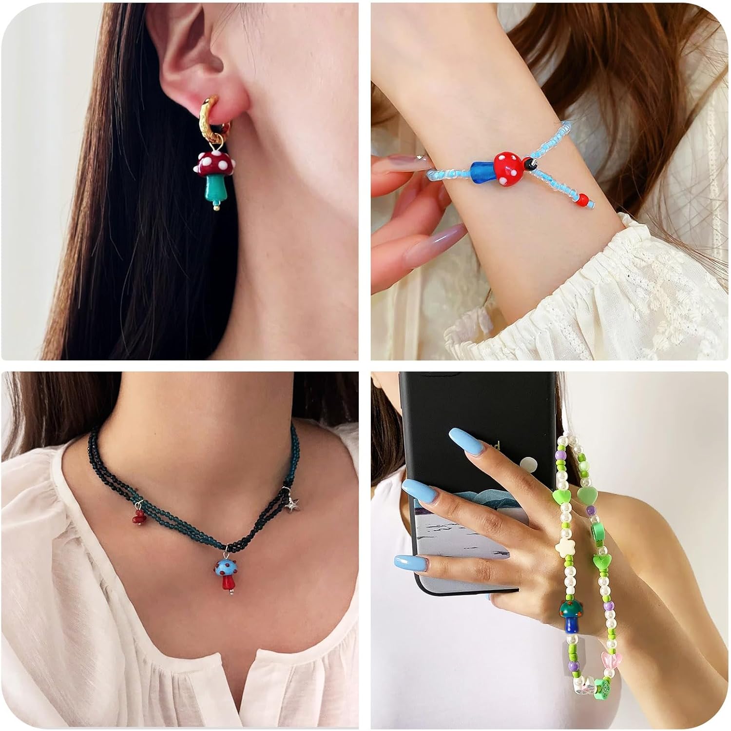 Cheriswelry 50Pcs Mushroom Lampwork Bead Cute Mushroom Glass Loose Spacer Bead Handmade Bumpy Beads 10 Colors 15-16.5mm for DIY Craft Bracelet Earring Necklace Jewelry Making - Image 4