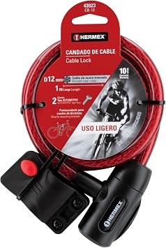 Hermex Keyed Cable Lock, 12 mm x 1.0 m, Red, Modern Style, Pin Tumbler Lock