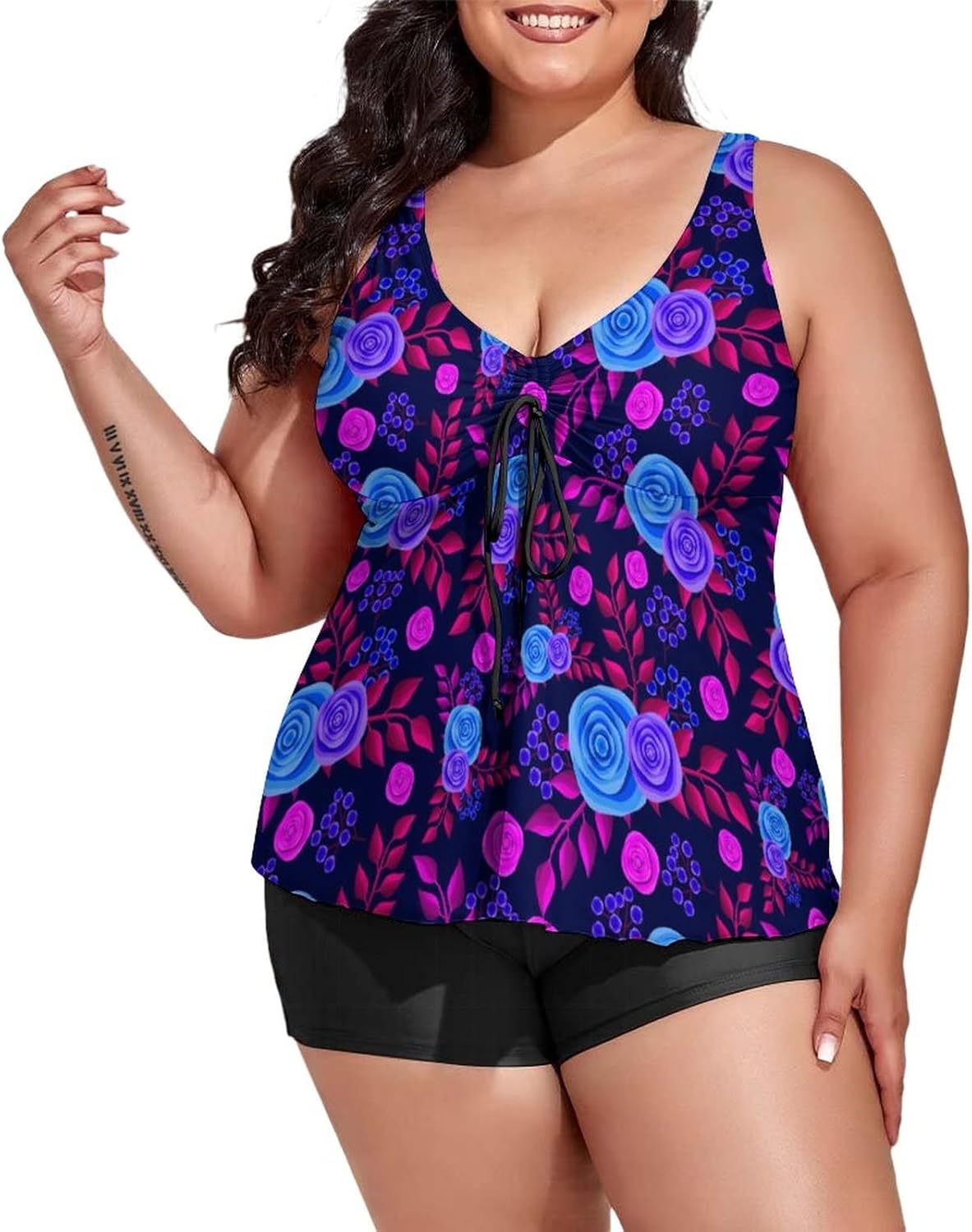 2 Piece Plus Size Tankini Swimsuit for Women Lavender Flower Bathing Suits with Shorts Tummy Control Swimwear