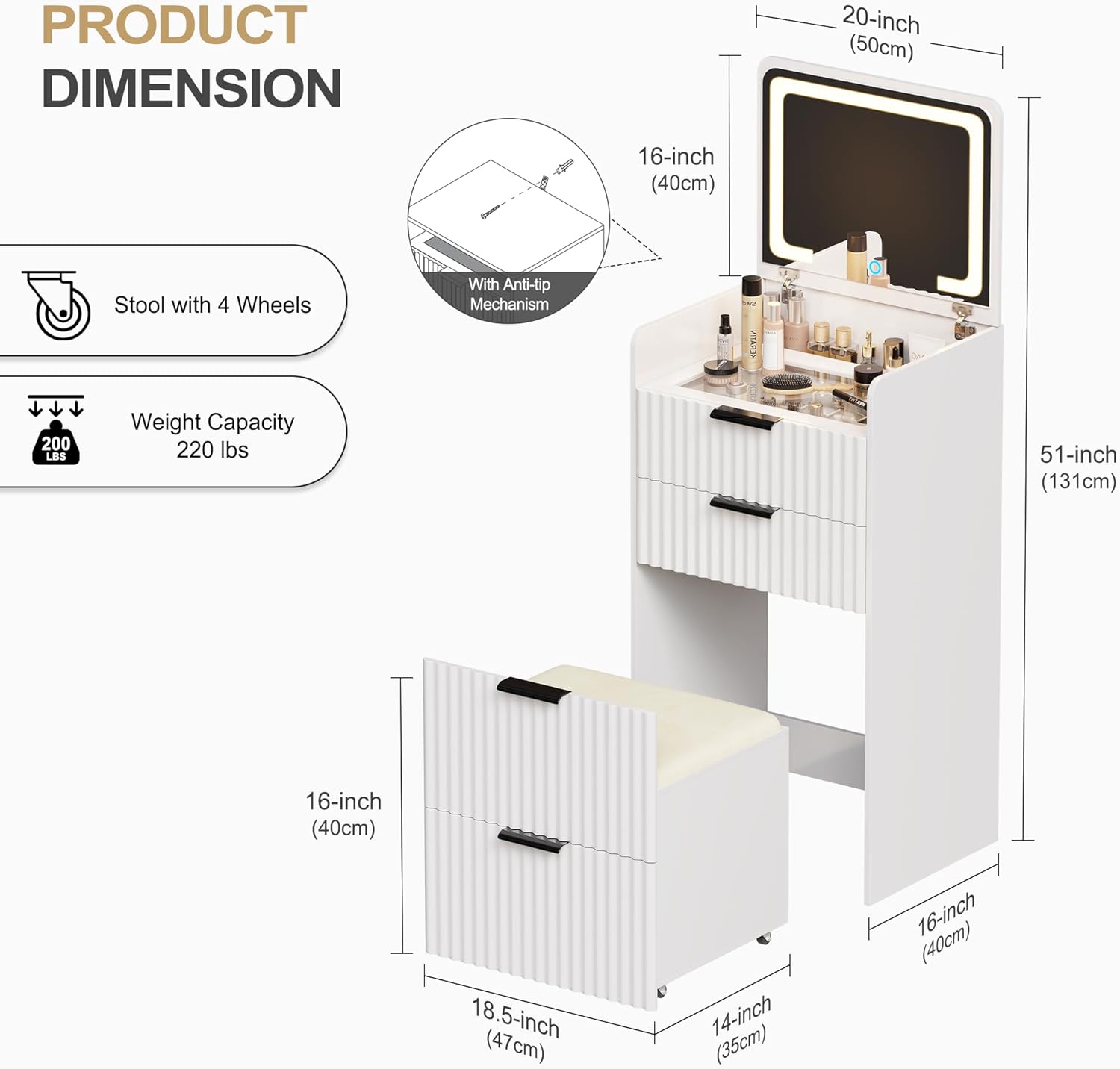Lvifur 3 in 1 Small Vanity Desk with Plip Top Mirror,Makeup Vanity Set with Visible Glass Desktop,Compact Vanity with 3 Drawers,Storage Compartment and Padded Stool,Dressing Table for Bedroom,White