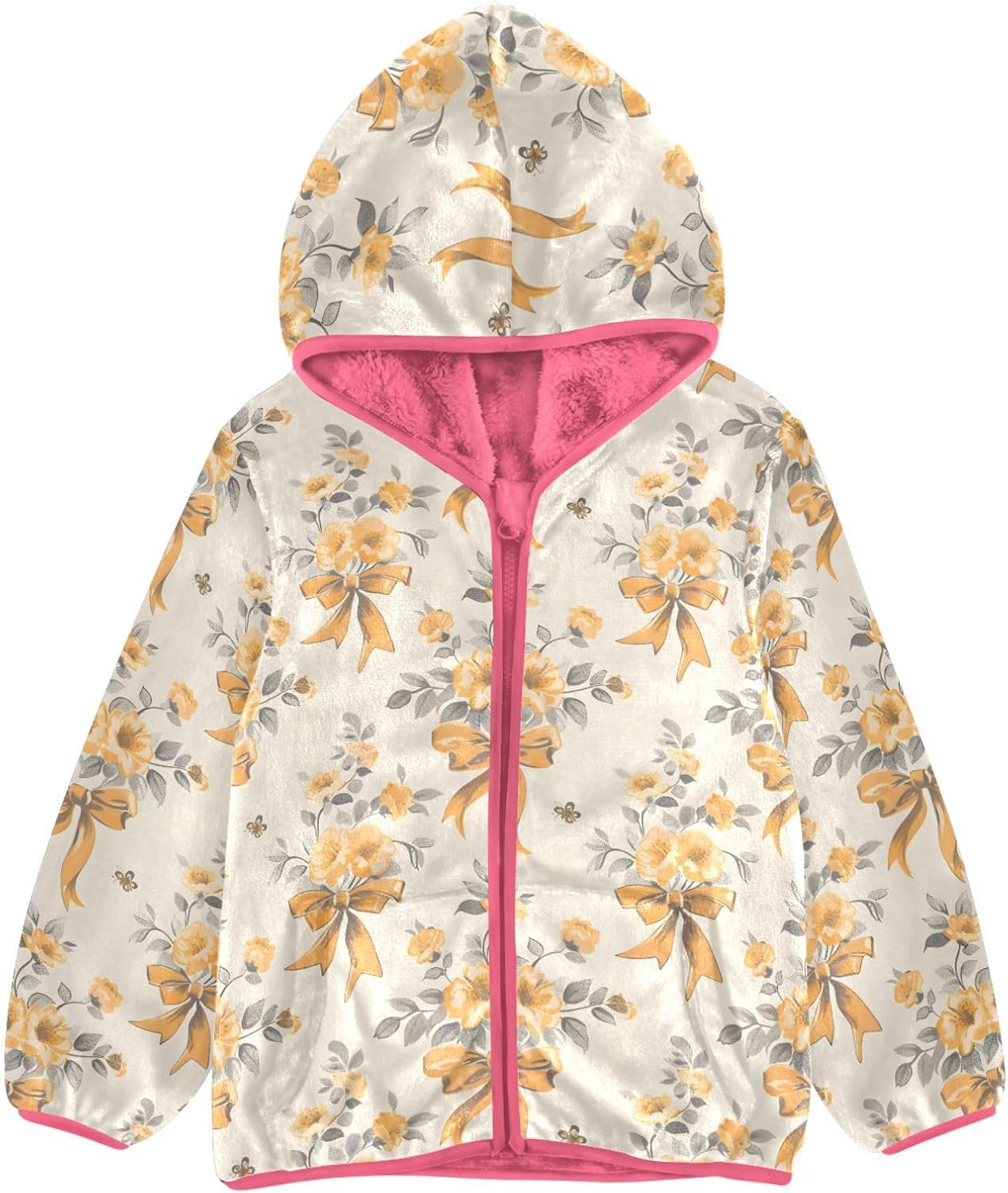 Girls Hoodie Outfit Yellow Flower Bow Pattern Zipper Sweatshirt Coat Fleece Jacket for Kids 3-10T