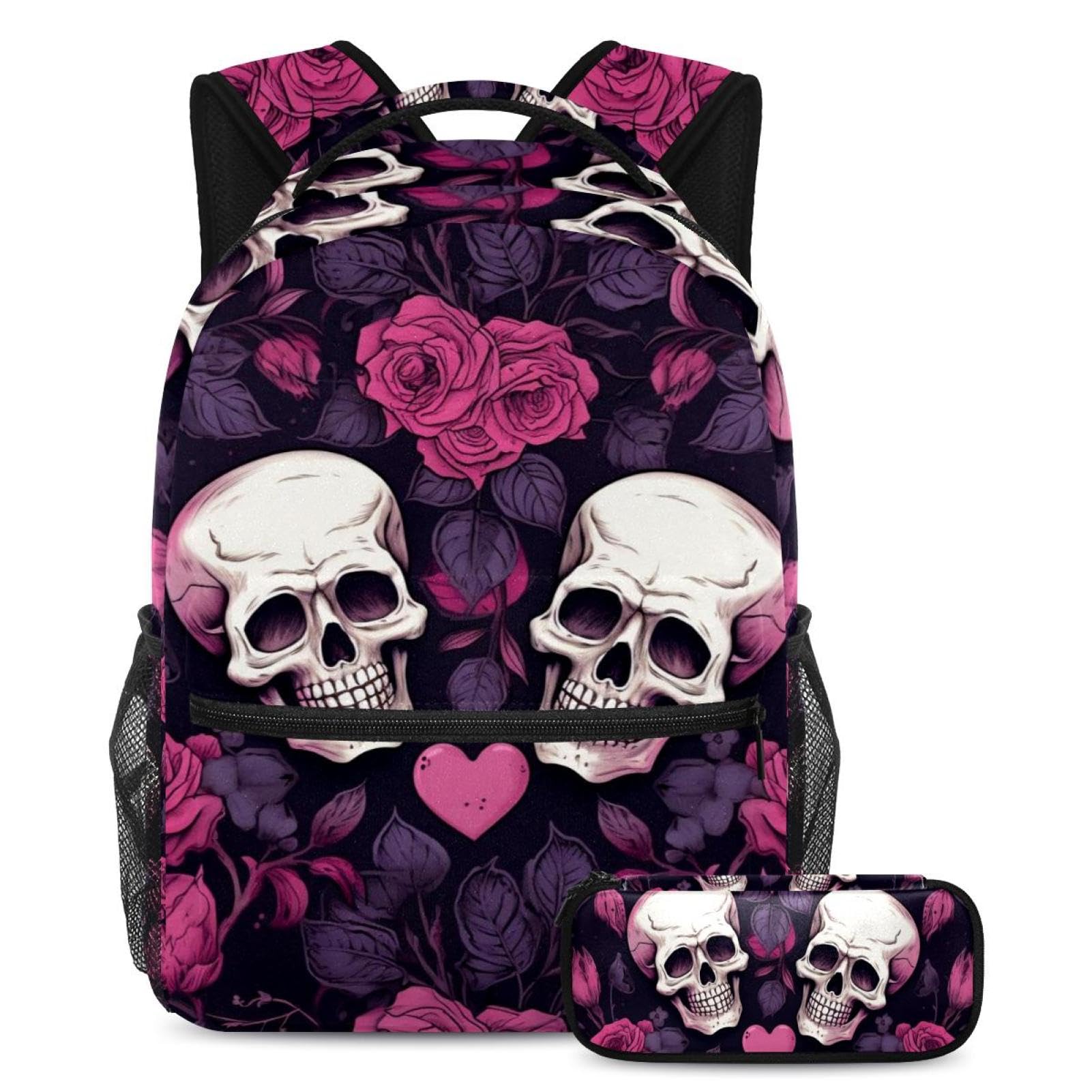 Sac à dos fleurs et tête de mort avec trousse, ensemble multicolore pour ado - 7