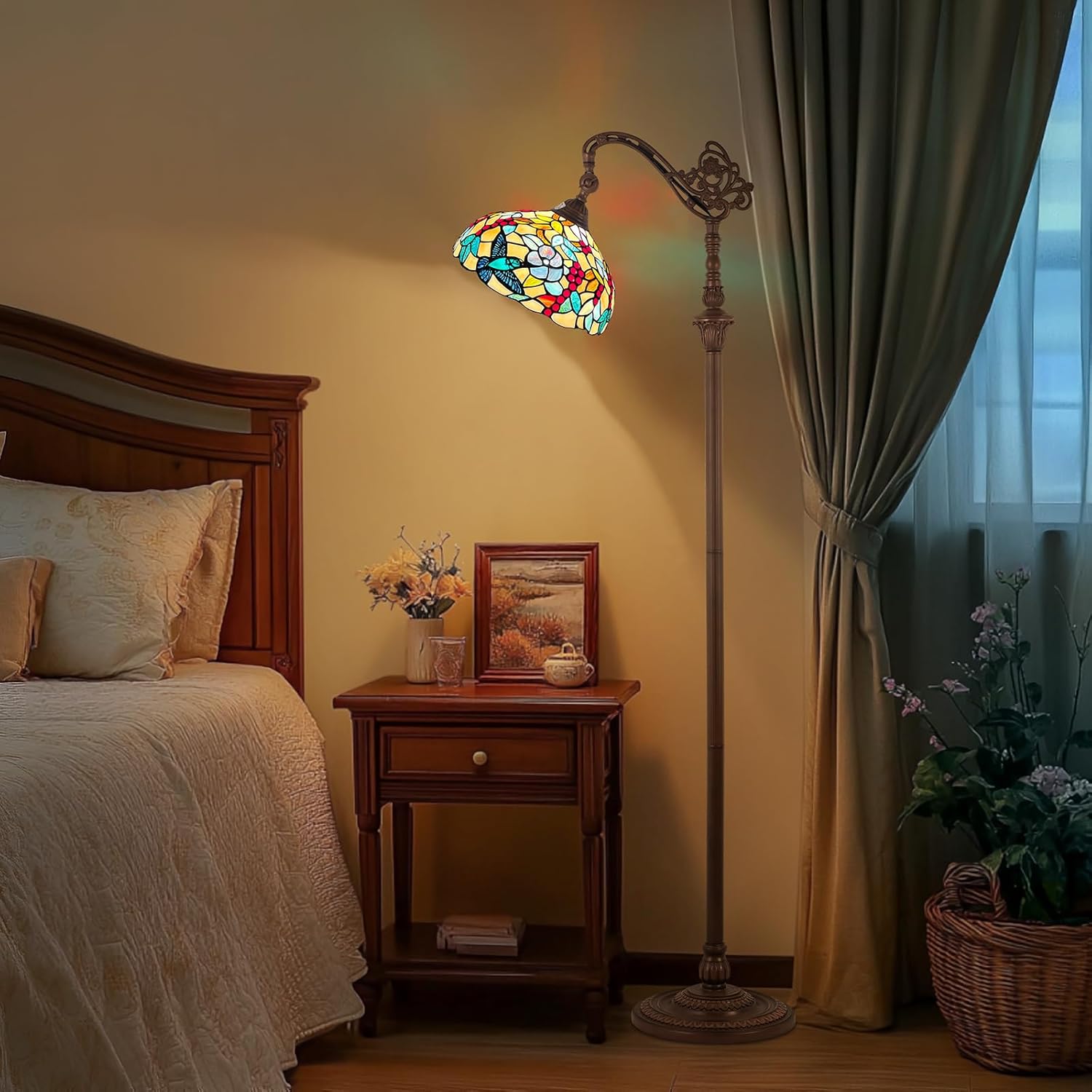 Capulina Tiffany Lamp Stained Glass Floor Lamp H62 Tall Antique Grape Soft Light Arched Adjustable Angle Tiffany Style Reading Lamp for Living Room Bedroom Study Home Office