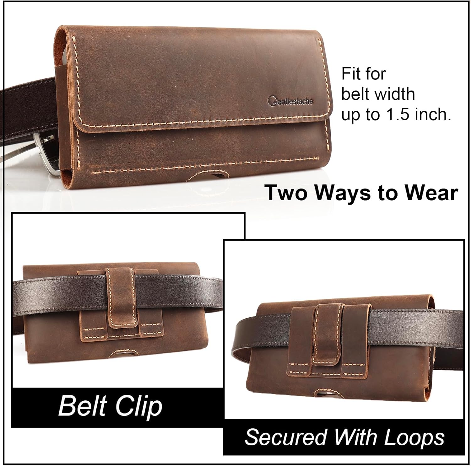 Gentlestache Leather Phone Holster for iPhone 15 Pro Max & Galaxy S24 Ultra - Two Pocket Phone Pouch with Thick Case, Dark Brown - Image 4