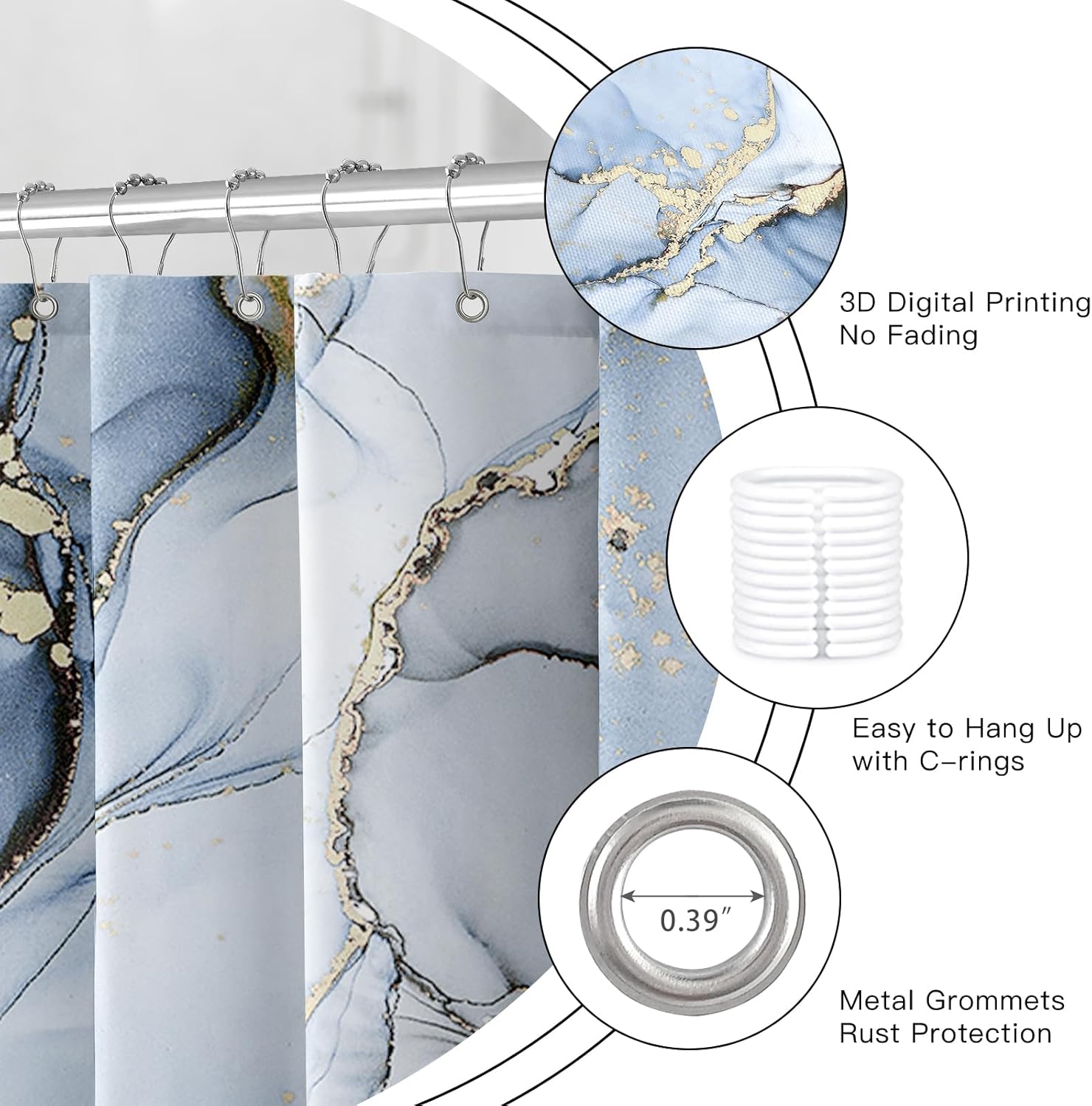 4PCS Light Blue Gold Marble Shower Curtain Sets with Rugs, Abstract Luxury Bathroom Sets with Shower Curtain and Rugs, Gold Bathroom Curtains Shower Set with Toilet Lid Cover - Image 6