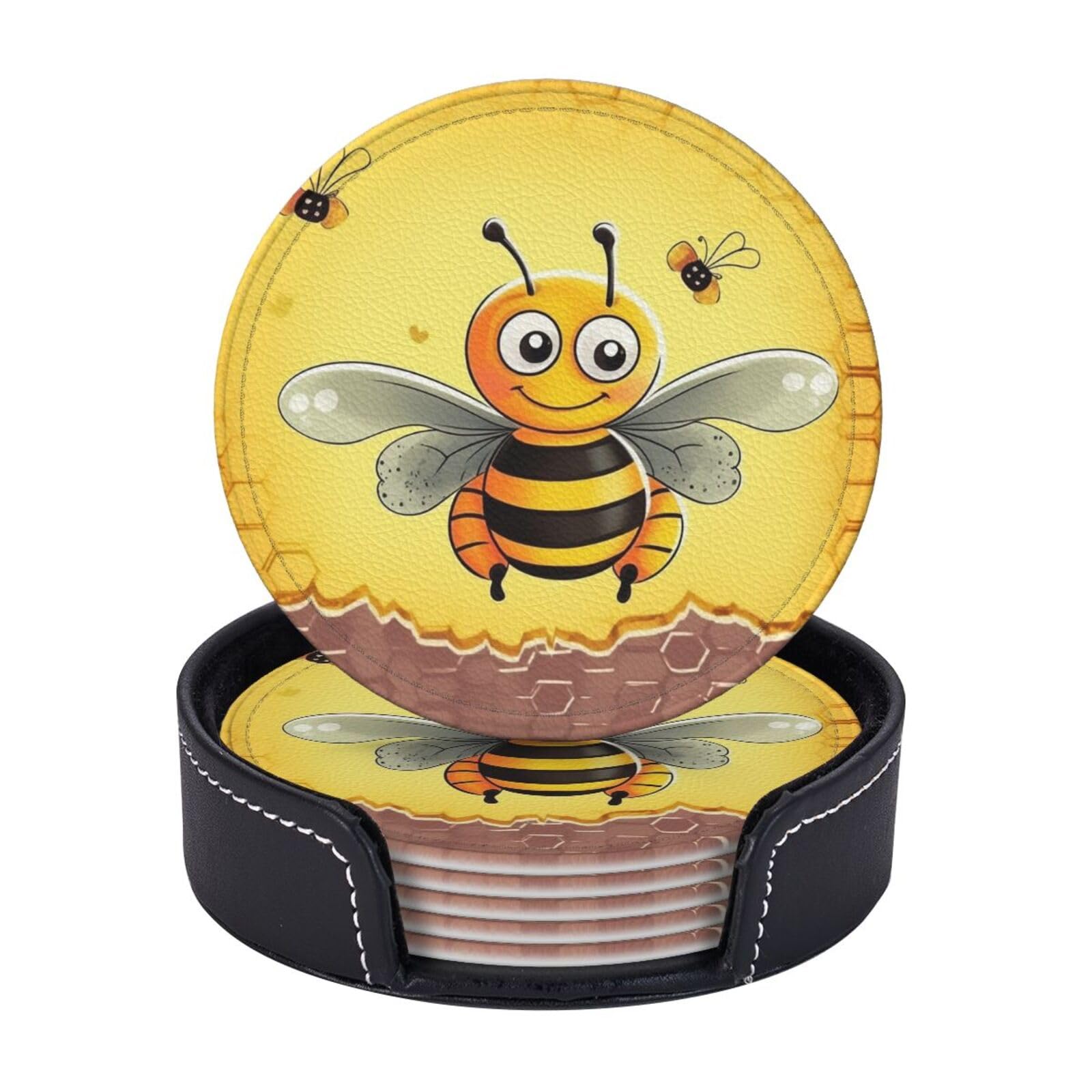 Round Coasters for Drinks Set of 6 - PU Leather Coasters with Holder - Modern Drink Coasters for Coffee Table - Bee on The Square Coaster for Tabletop Protection 4" Cup Mat Pad