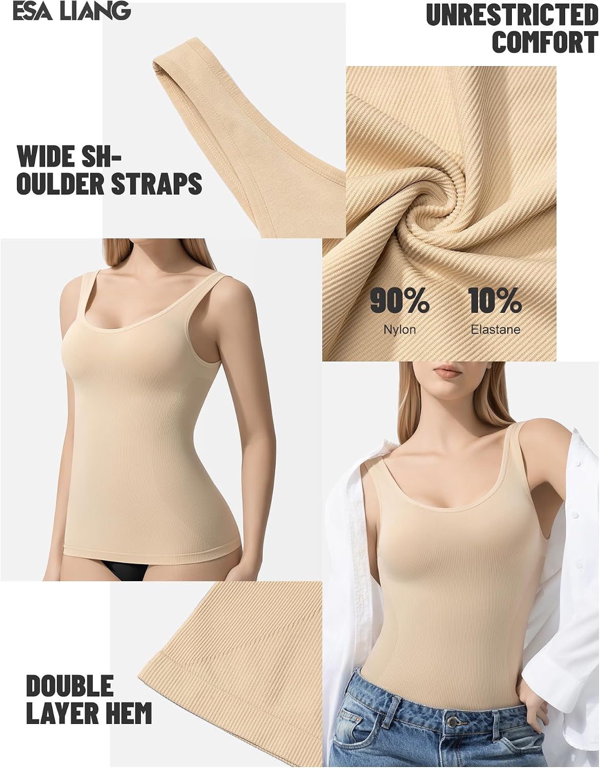 Esa Liang Shapewear Tummy Control Backless Compression Tanks for Women | Low Scoop Back No-Bra Tank – No Roll Hem, Breathable Seamless Layering Cami for Women under shirt (S-2XL)