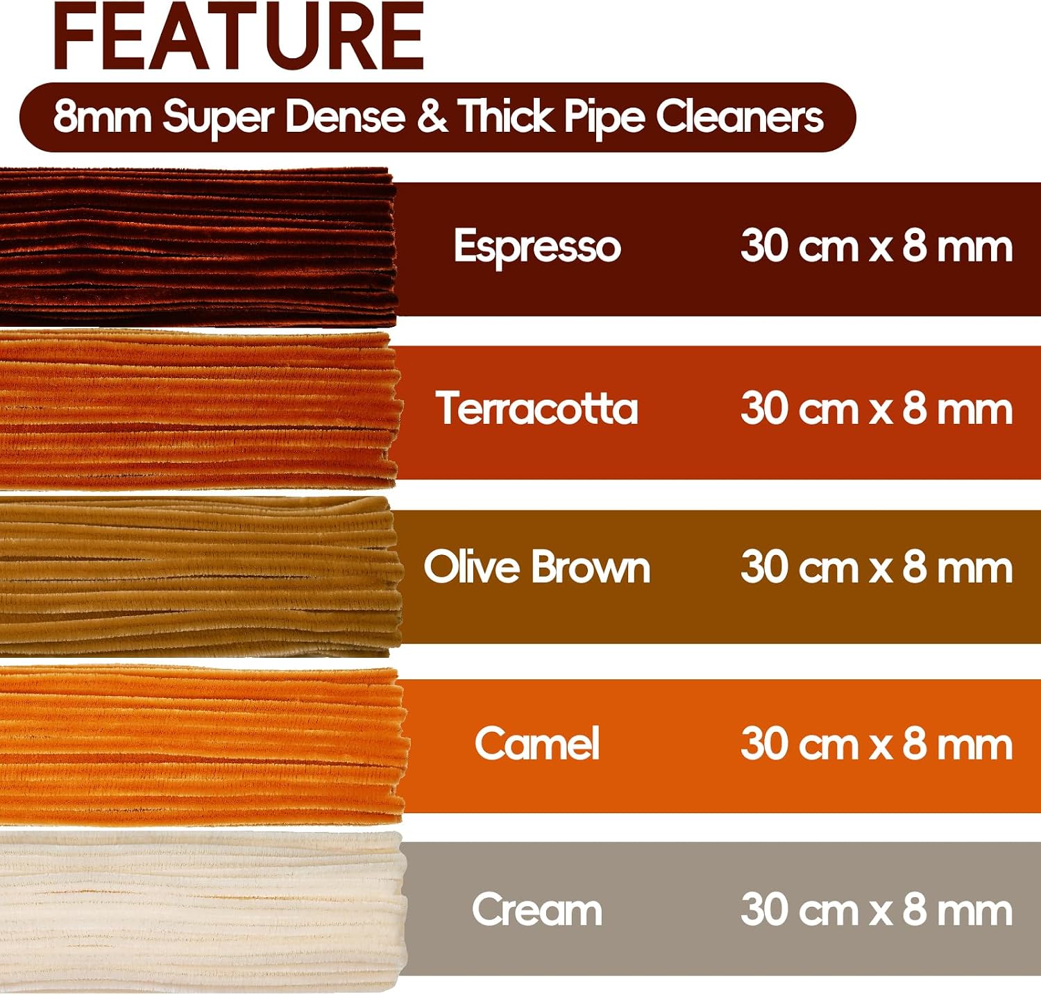 YULL 500 Pcs Brown Pipe Cleaners for Craft Flowers, 12'' x 8 mm Long Thick Bulk Pipe Cleaners for Craft, Brown Chenille Stems Fuzzy Wire for Craft